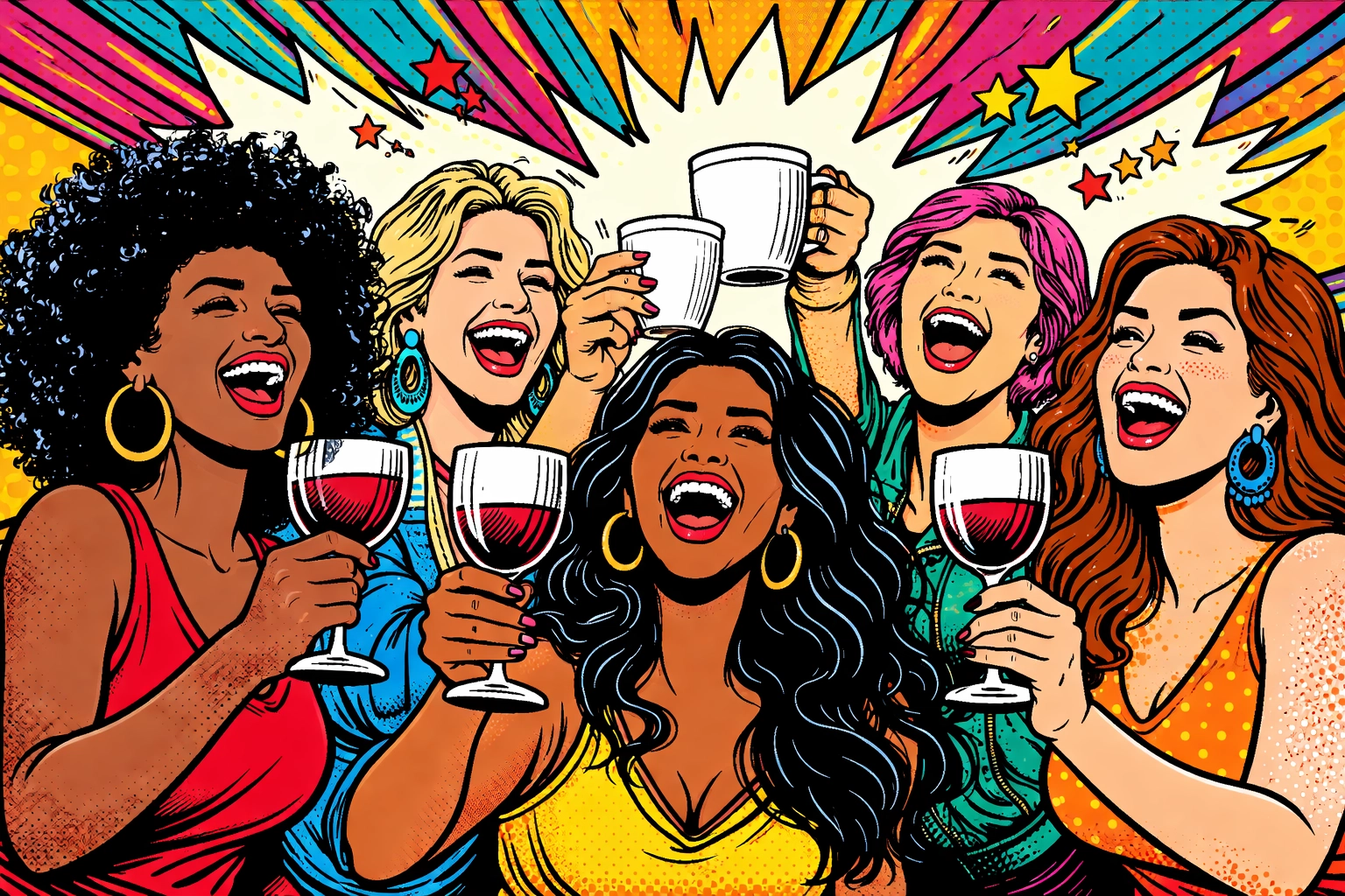 Group of diverse women laughing and toasting, celebrating boldness and sisterhood with sass.