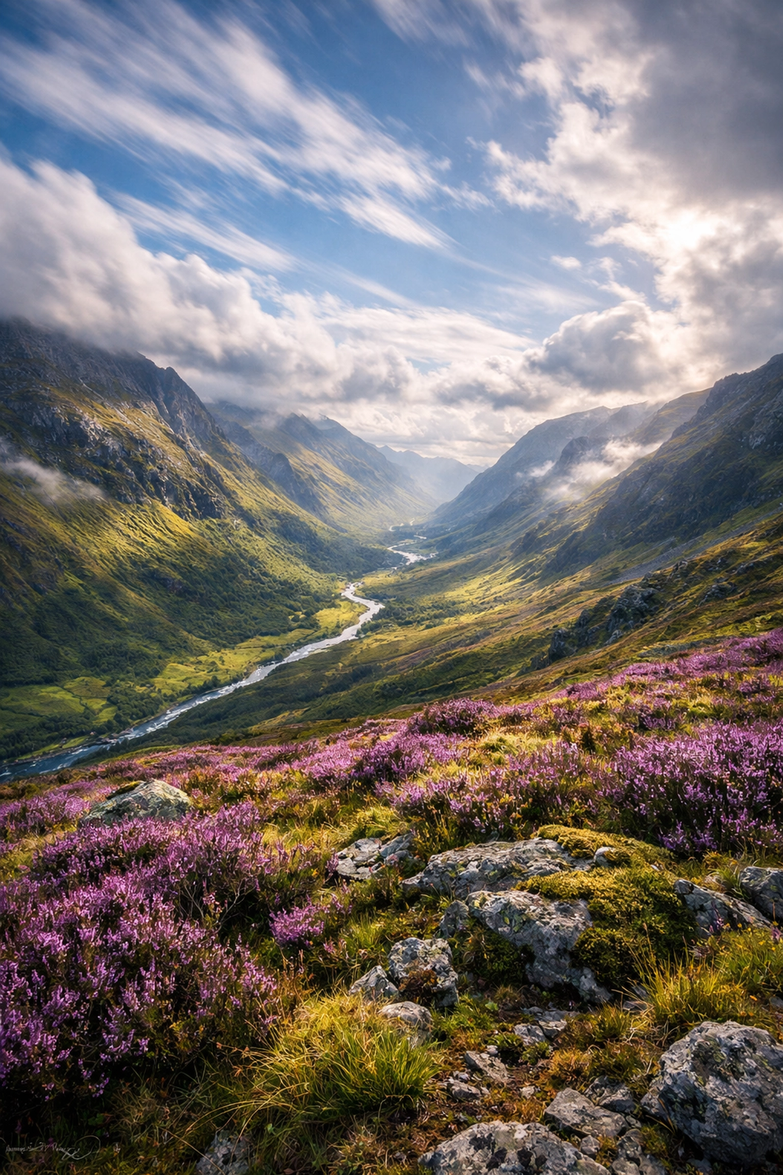 Dynamic weather patterns and clouds over the Scottish Highlands on a wild camping trip.