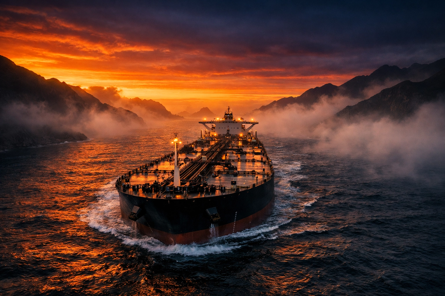 Oil tanker in a narrow strait at sunset, vital for the energy security and economy of India.