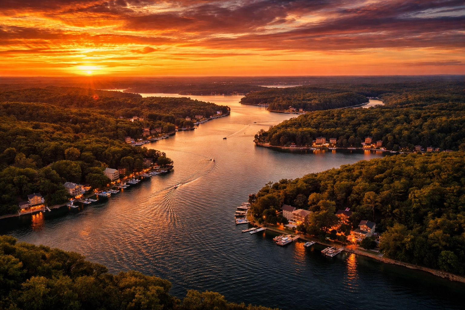 Aerial view of Lake of the Ozarks at sunset, highlighting Missouri's natural beauty and ideal event sponsorship location.