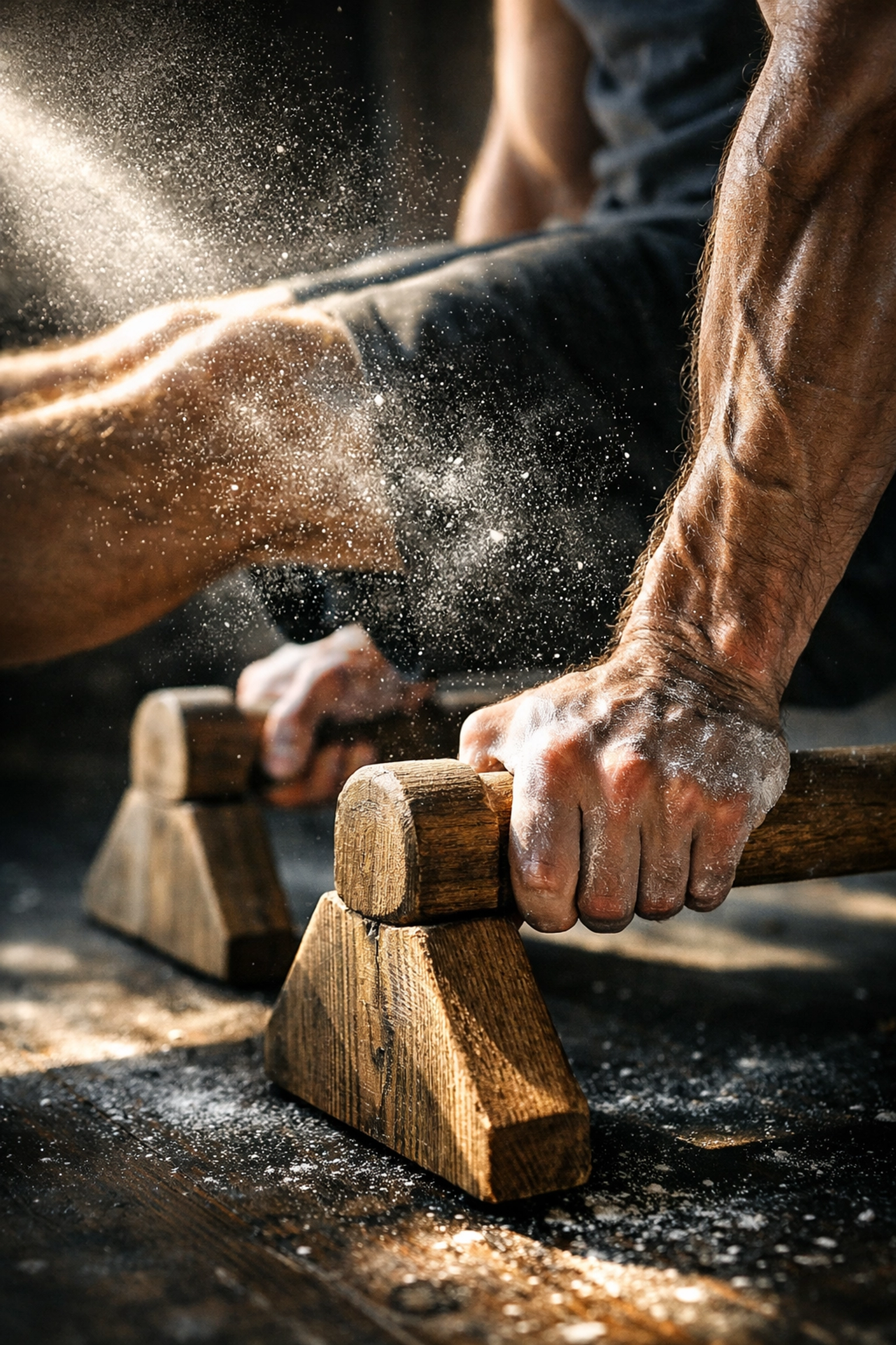Close-up of wooden parallettes, essential calisthenics equipment for home strength training.