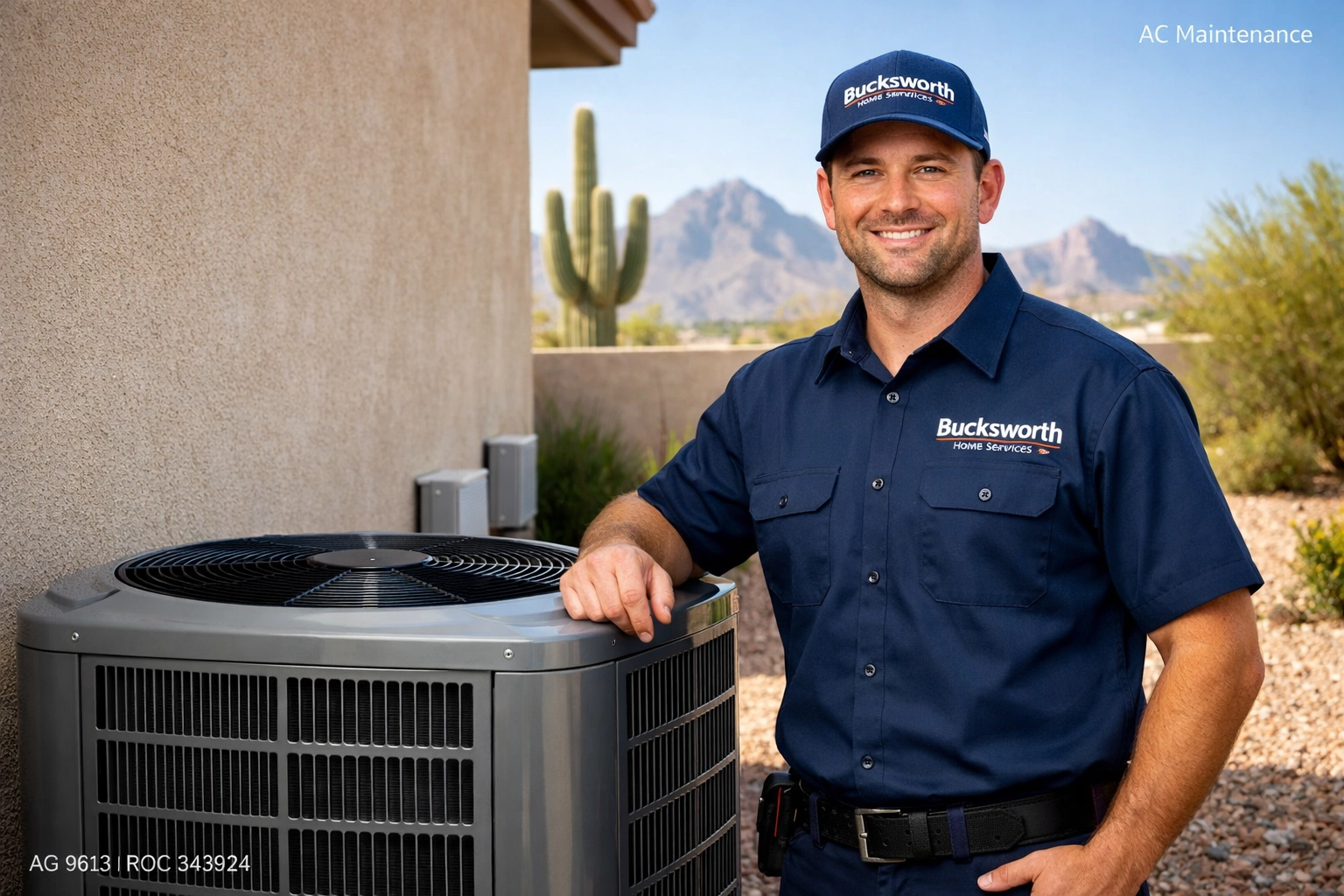 Bucksworth Home Services technician performing AC Maintenance in Fountain Hills AZ for the summer heat.