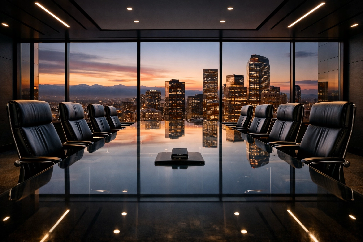 A high-end boardroom at sunset representing Dakdan’s strategic $6.7B media asset portfolio and leadership.