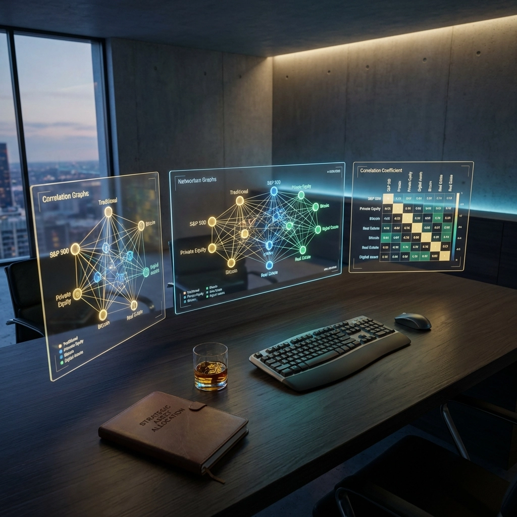 Overhead view of an investor's desk with network graphs, showing key portfolio diversification across traditional and alternative assets.