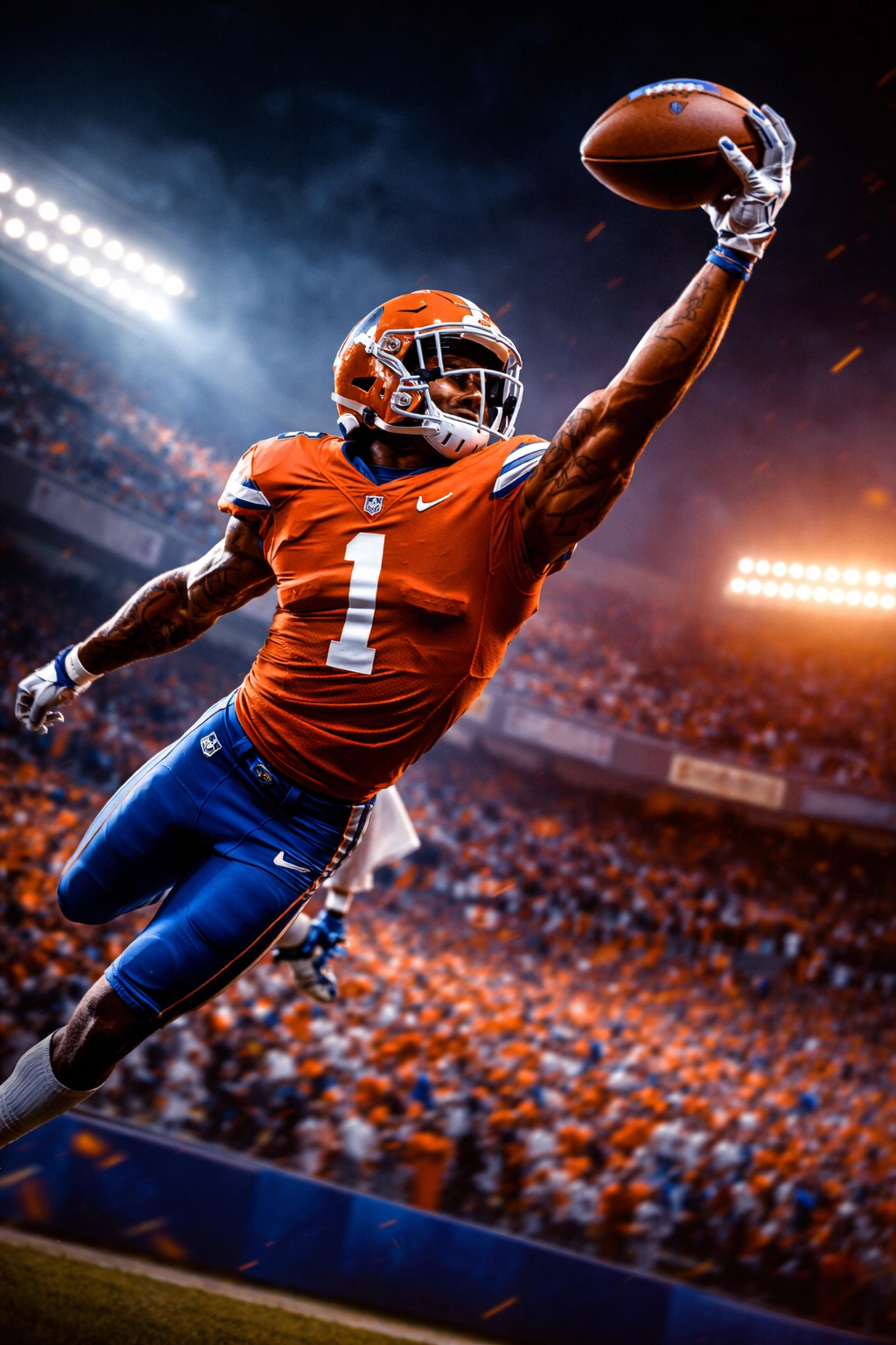 Florida Gators wide receiver performs a one-handed catch in orange and blue uniform during an intense game