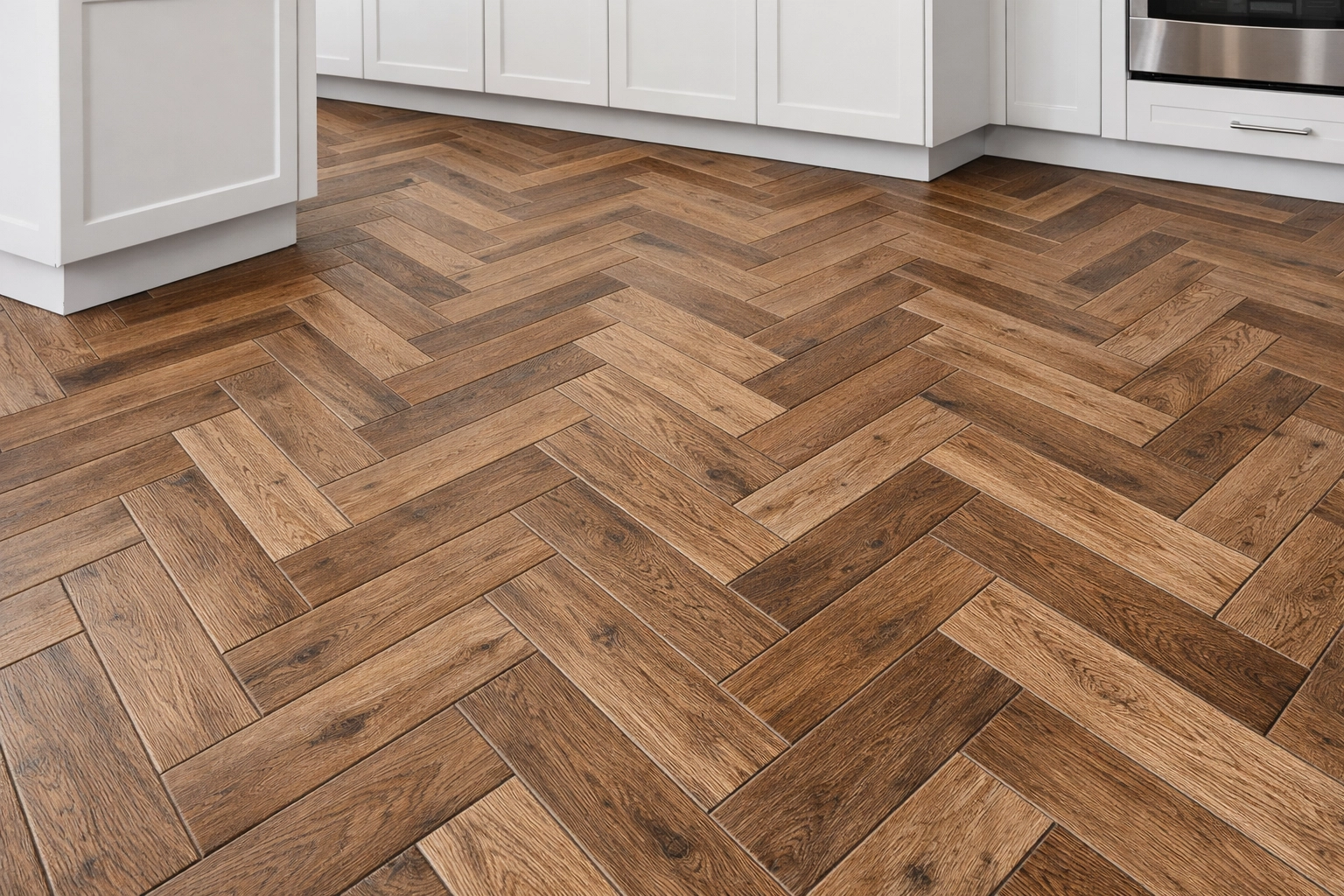 Wood-look porcelain kitchen flooring renovation in Orlando featuring a classic herringbone tile pattern.
