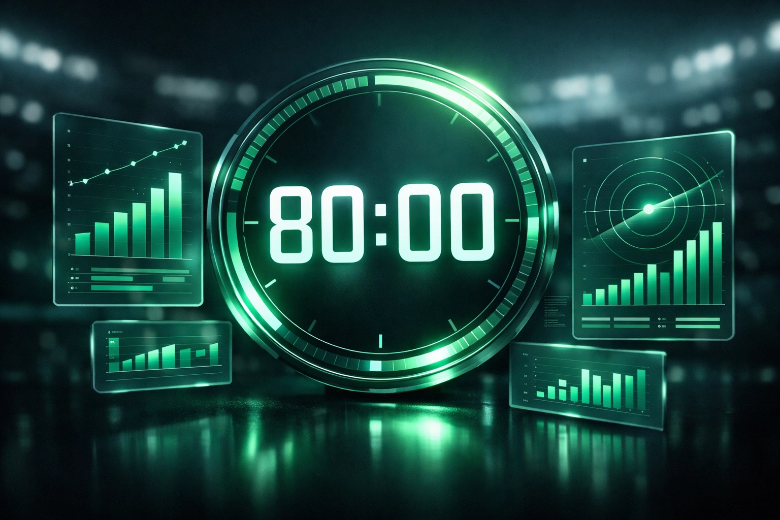 Digital football match clock at the 80th minute showing in-play betting data and stats.