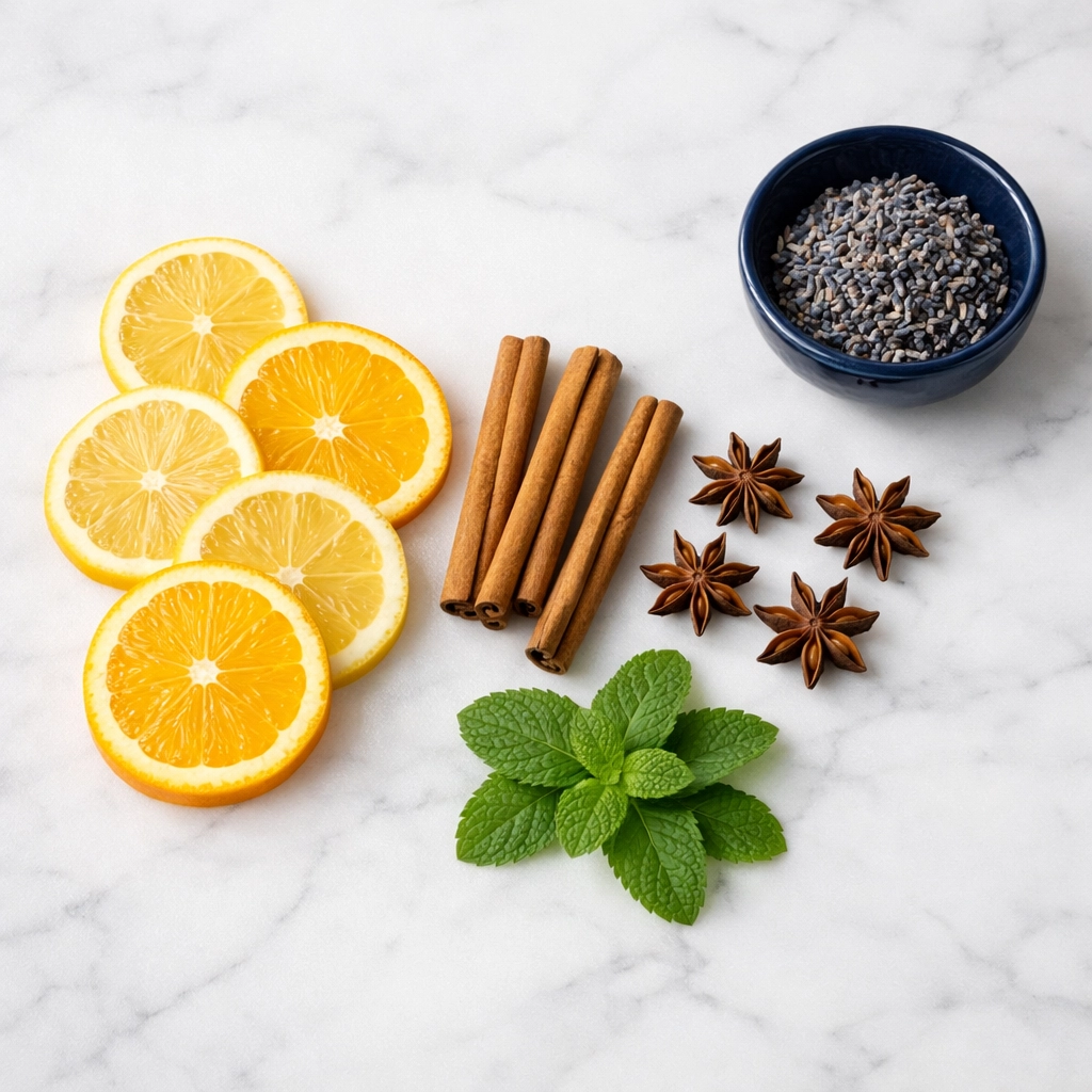 Fresh citrus, cinnamon, and herbs arranged on a counter for natural simmering pot recipes.