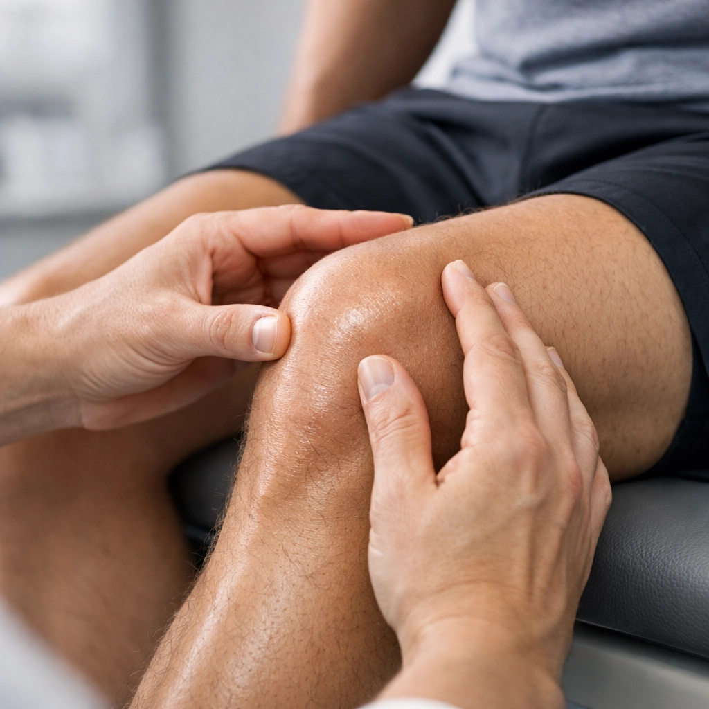Physical therapist examining athlete's knee pain during treatment session