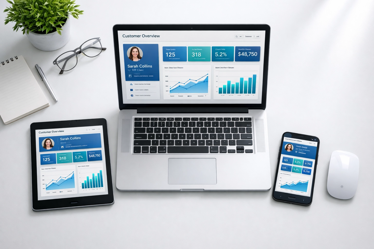 Unified customer data system displaying synchronized retention metrics across multiple devices