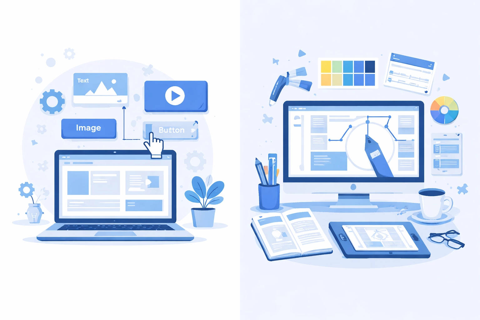Split-screen illustration showing a DIY website builder setup next to a custom web design professional workspace