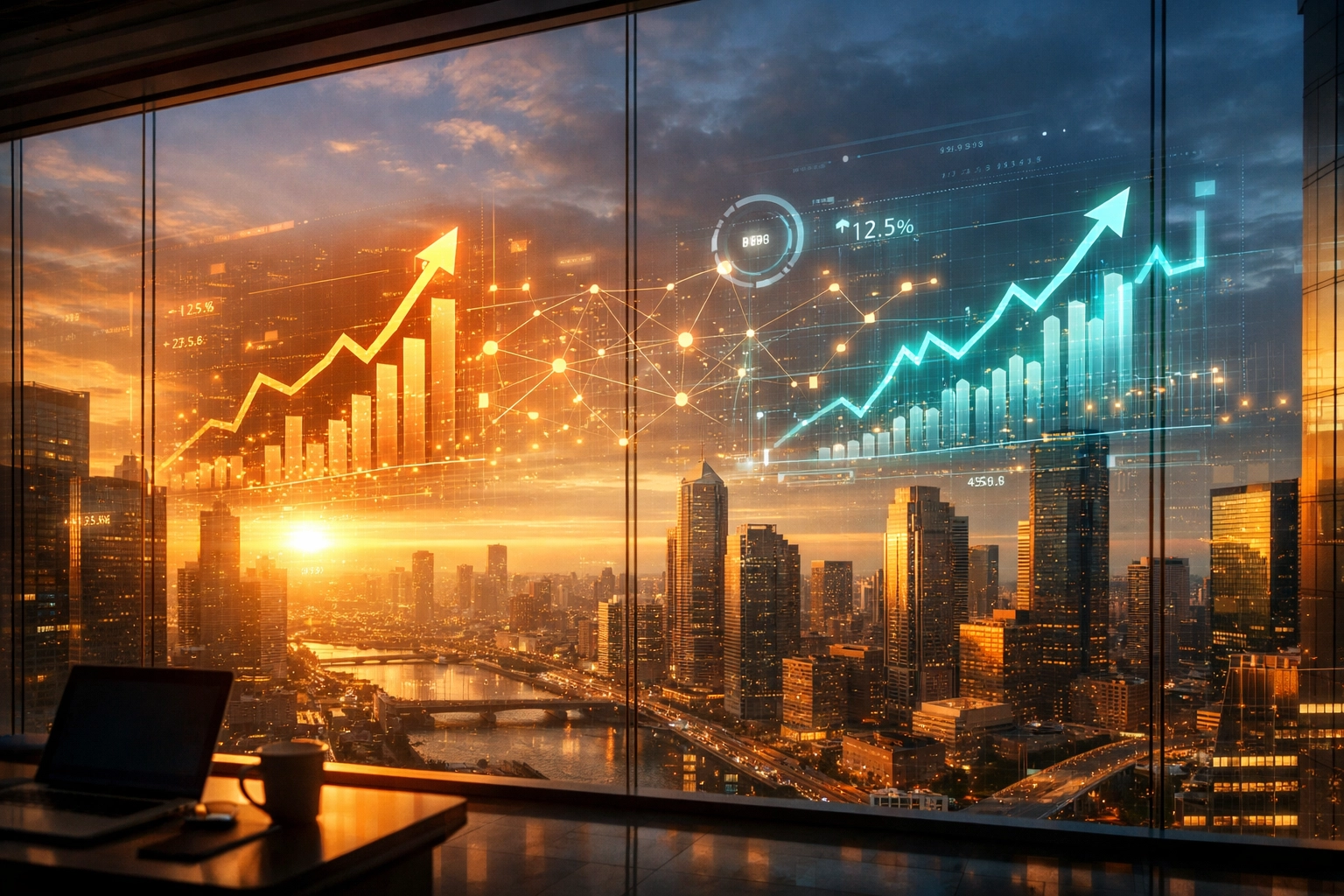 Digital financial charts showing upward growth trends over a morning city skyline, symbolizing SMB economic momentum.