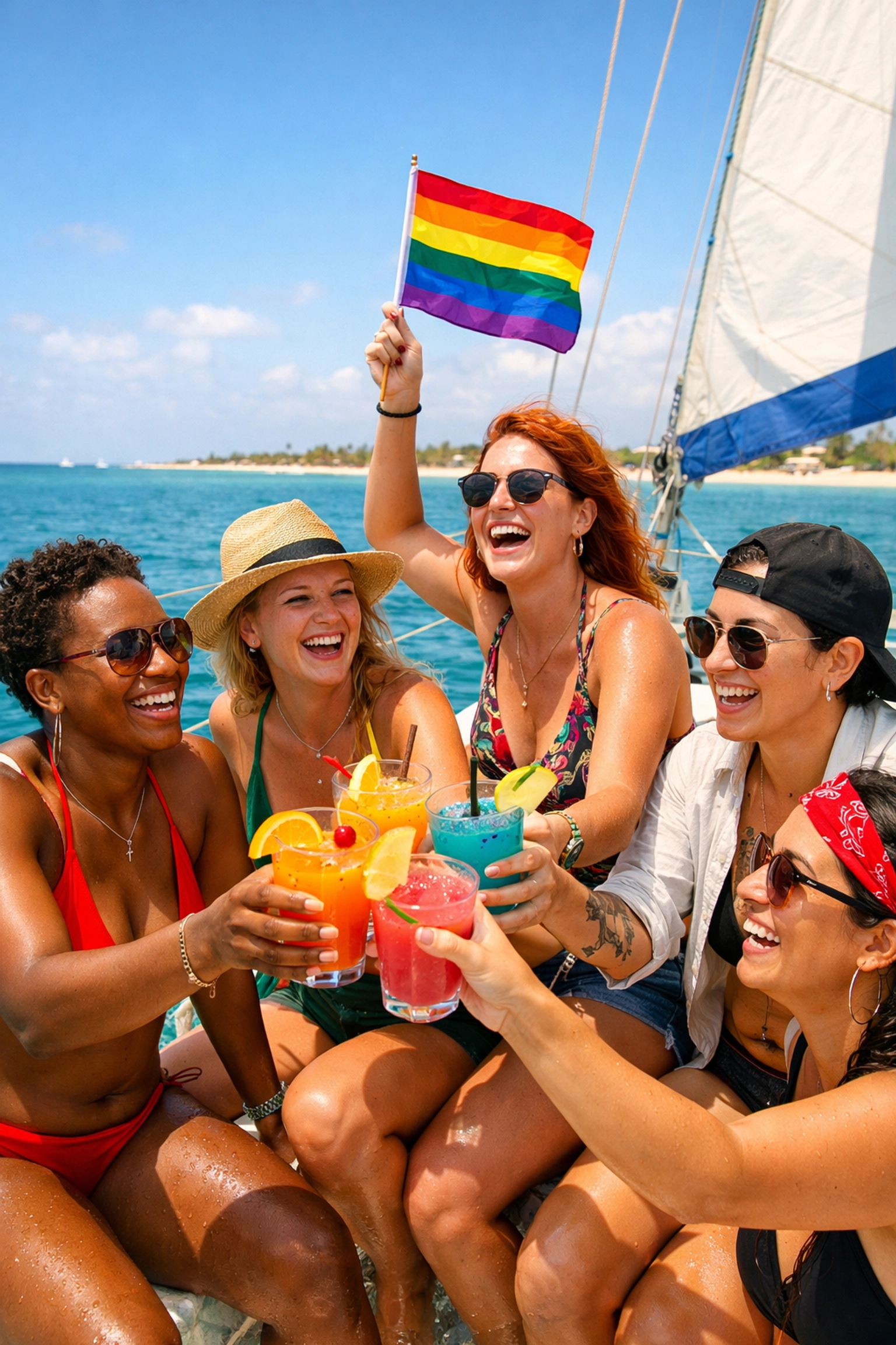 Diverse group of queer women celebrating on a sailboat in Aruba with a rainbow flag.