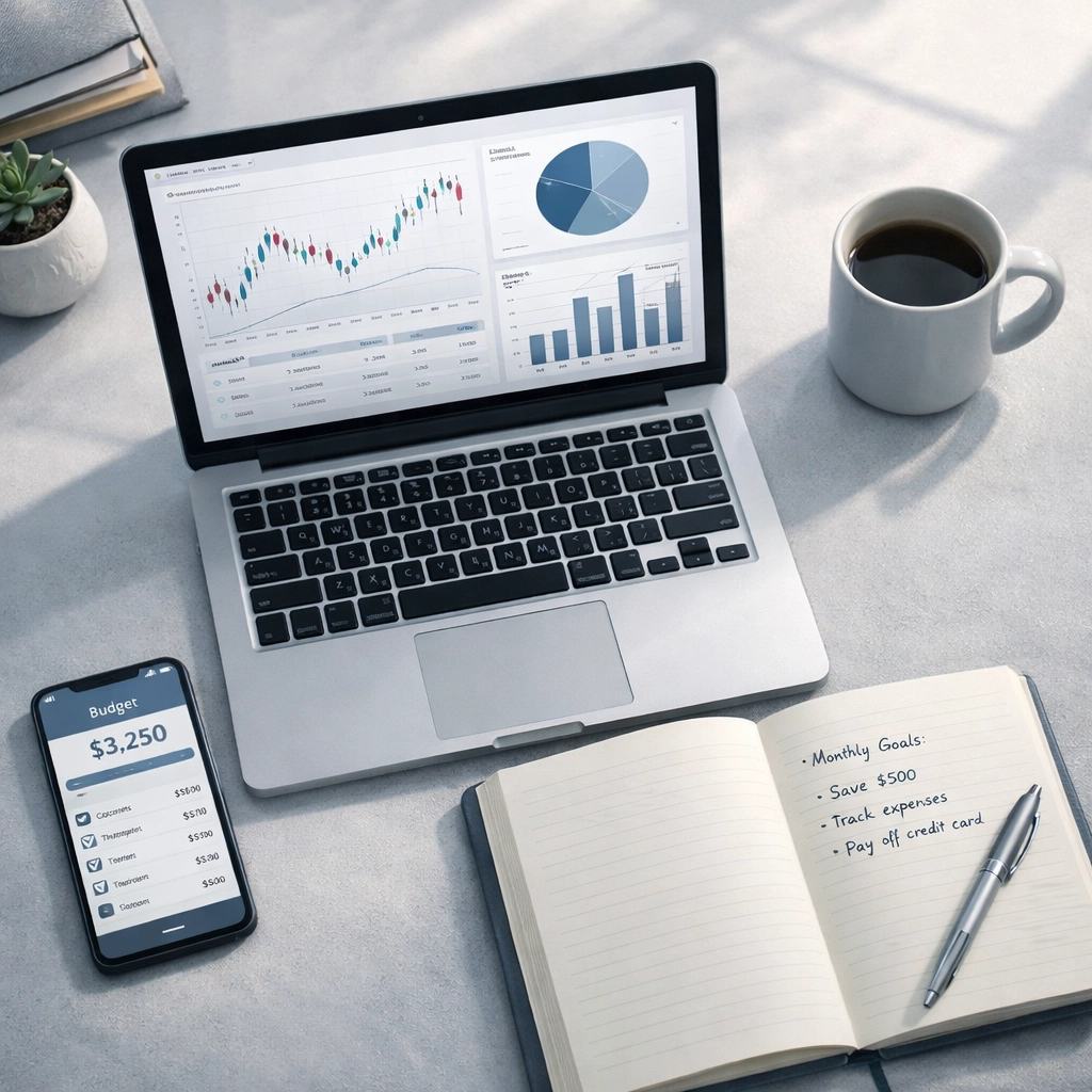 AI Agents for Money Management: How Autonomous Finance Is Changing Budgeting, Bills, and Investing 3 Home office workspace with laptop showing financial charts and budgeting app for money management