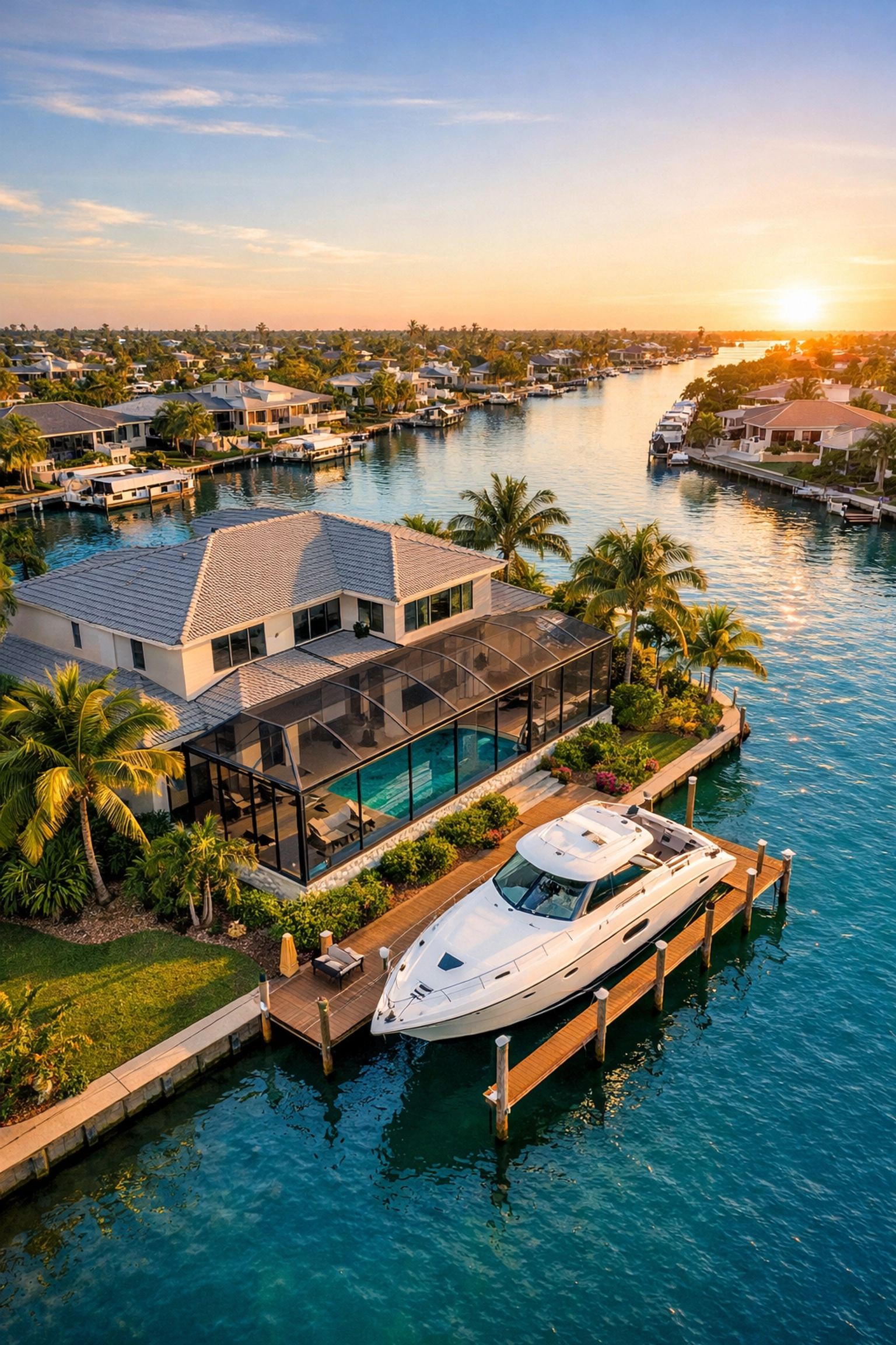 Aerial view of Cape Coral waterfront home with boat docked on canal at sunset