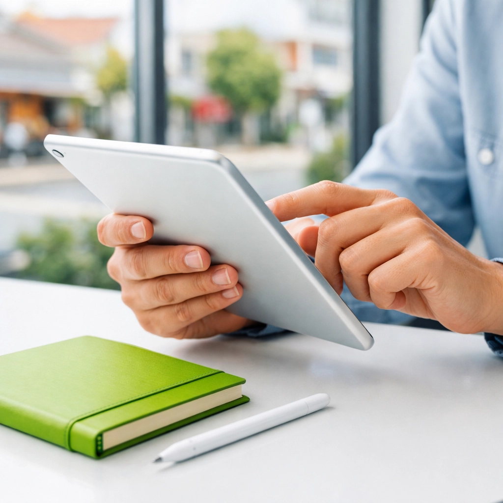 Hands on a tablet showing custom contractor website design to attract local customers in the neighbourhood.