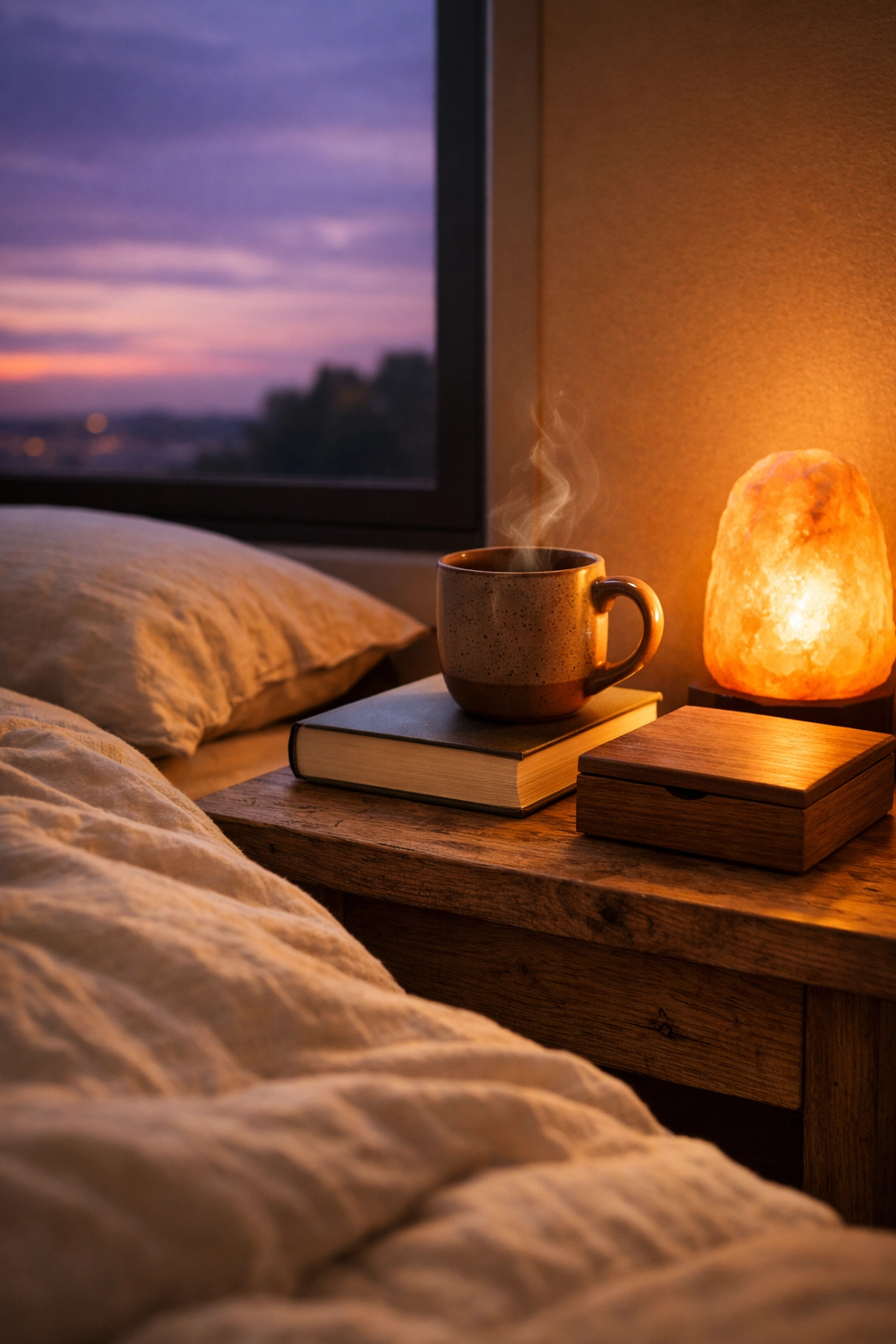 Minimalist bedroom at twilight with a phone in a charging box to reduce sensory overload and practice JOMO.