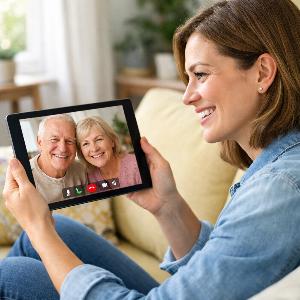 Woman video calling parents abroad during the family-based green card consular processing.