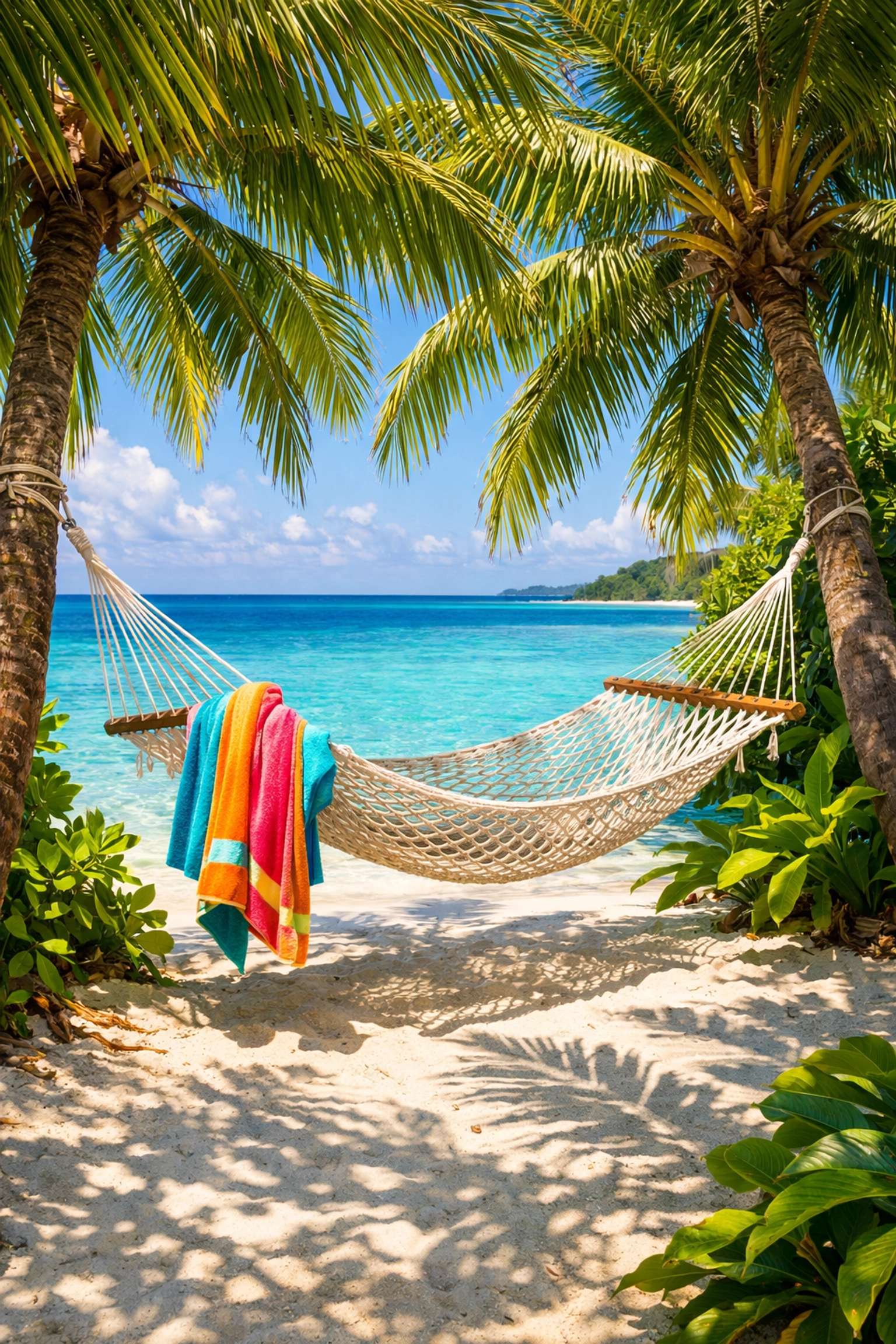Secluded beach hammock between palm trees at tranquil all-inclusive resort
