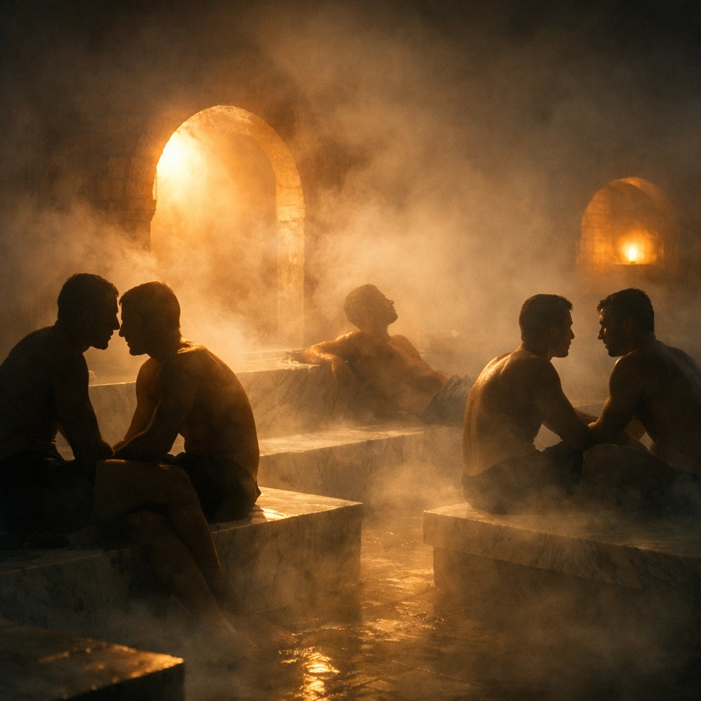 Men bonding in steamy Barcelona gay hammam with atmospheric lighting