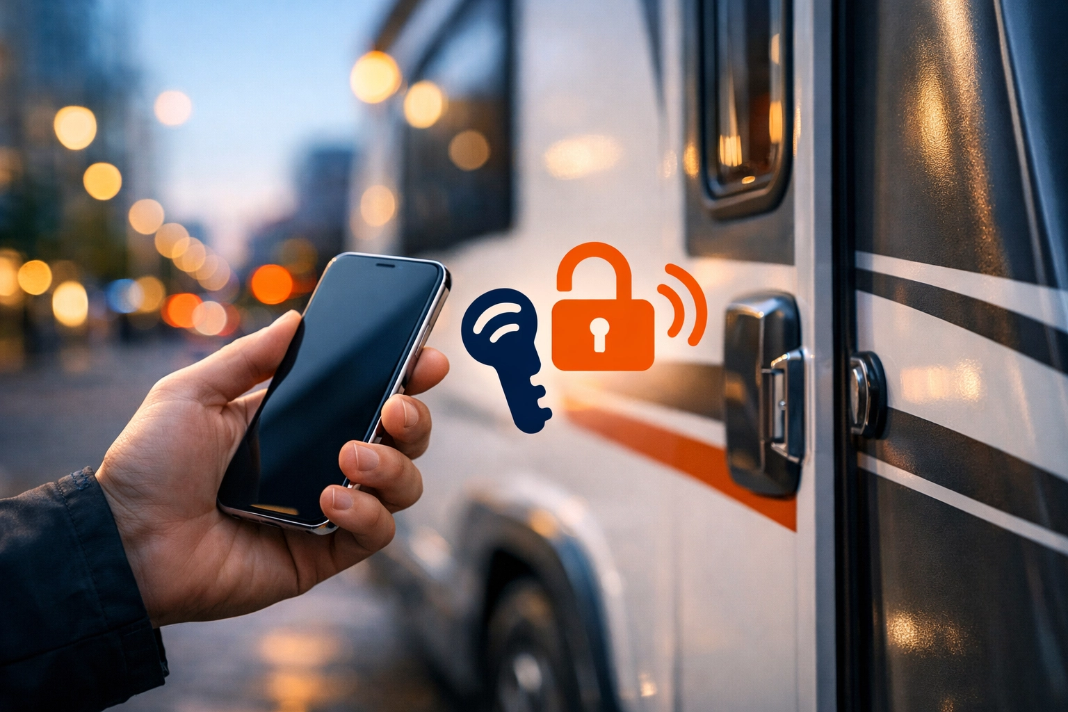 Person using a mobile app to unlock a peer-to-peer camper van rental in the city.