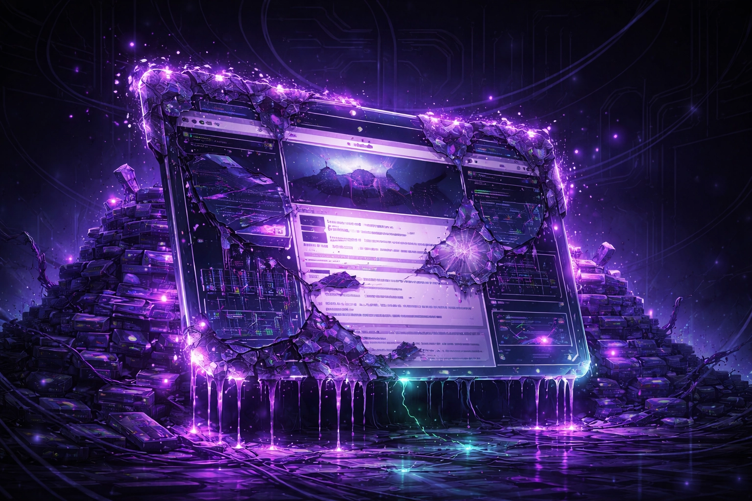 Cracked website hologram with digital rust highlights technical debt and lost leads from neglecting website maintenance.