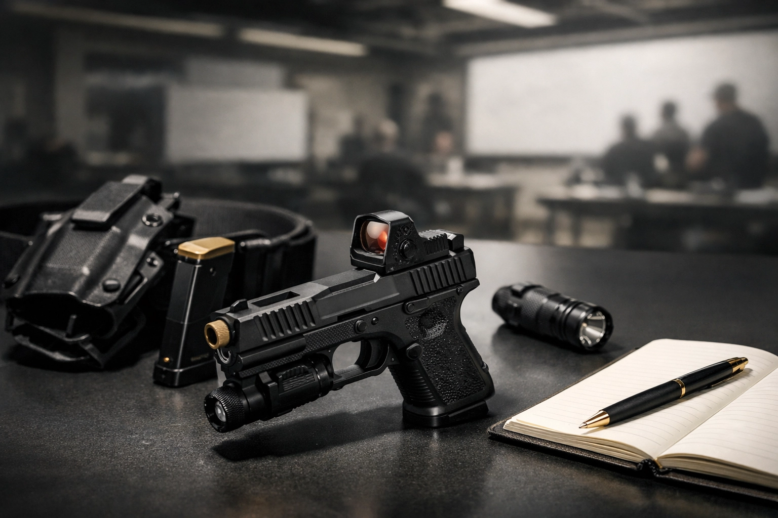 Professional composite-style image of a duty pistol with a red dot optic on a clean surface beside a tactical belt, holster, and notebook in a blurred training environment.
