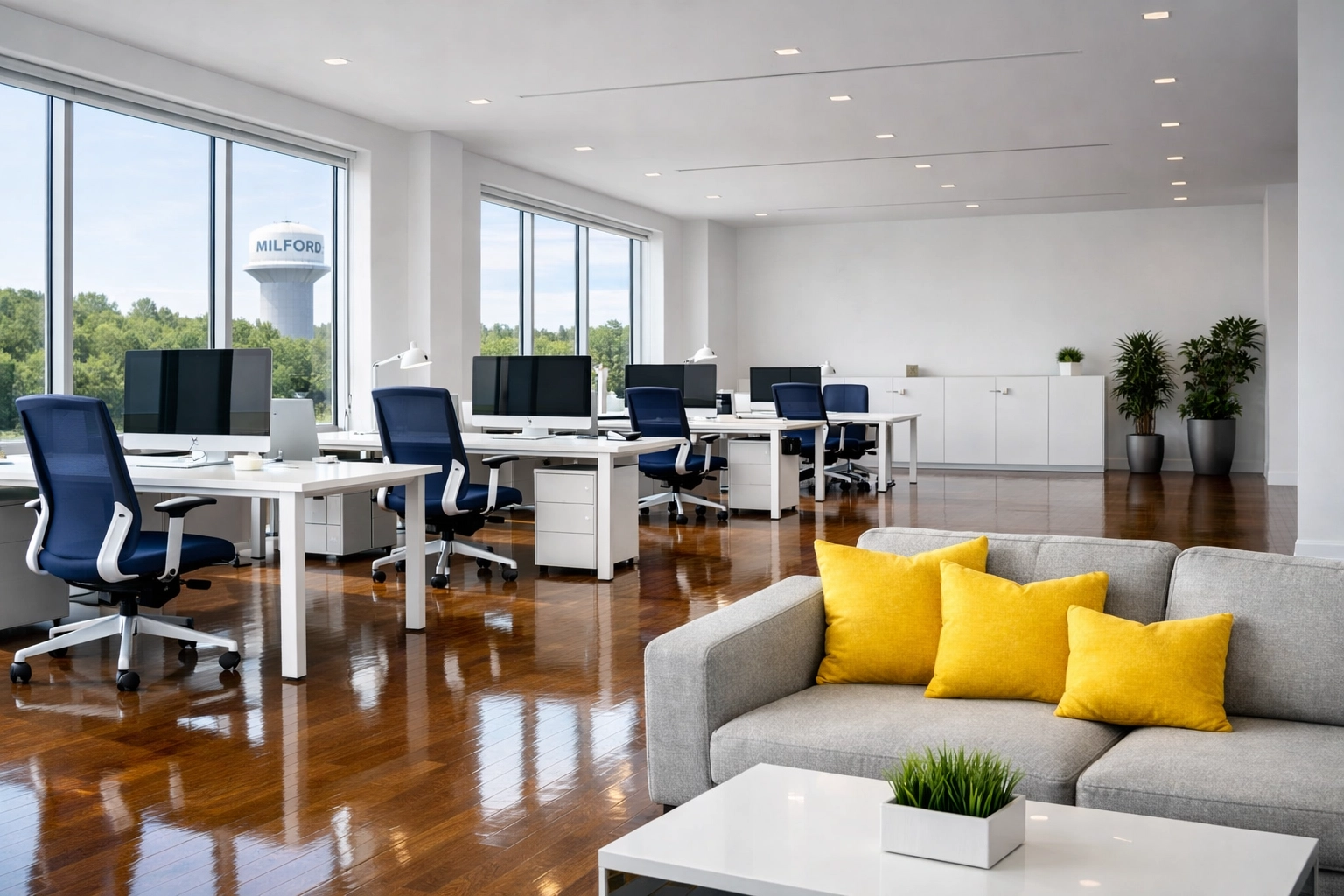 Clean, minimalist modern office in Milford showcasing the results of professional office cleaning.