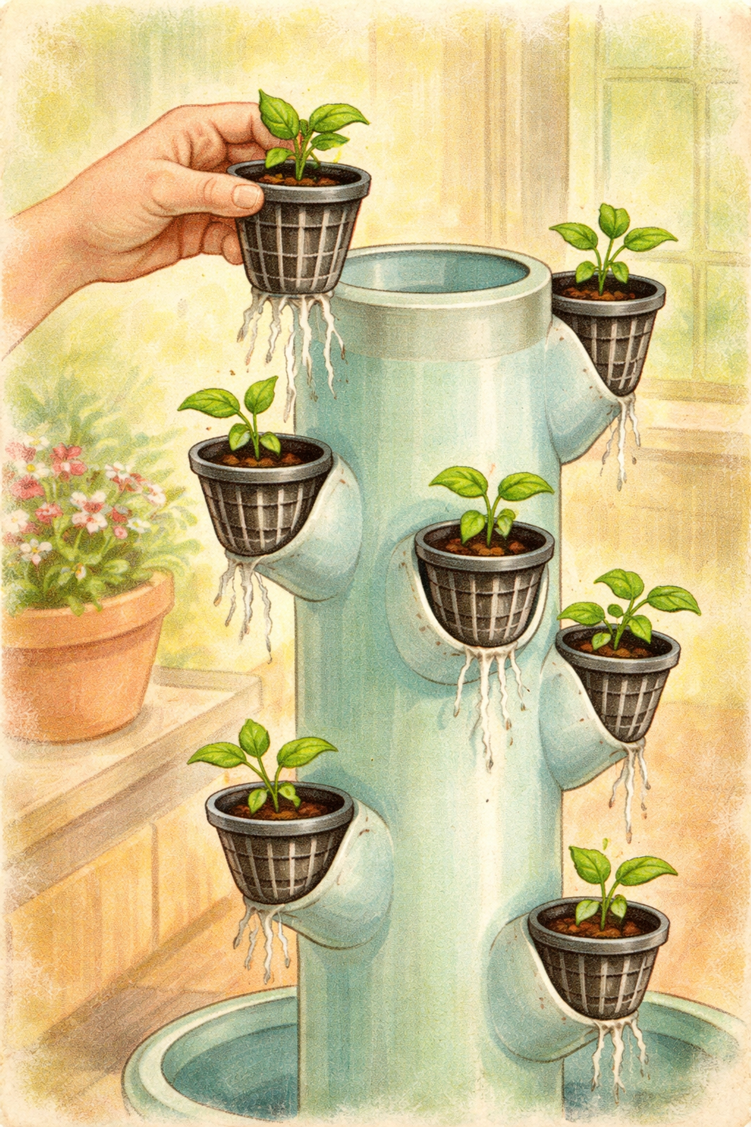 Seedlings in net pots being placed into a vertical aeroponic tower, showing the proper setup for growing spinach