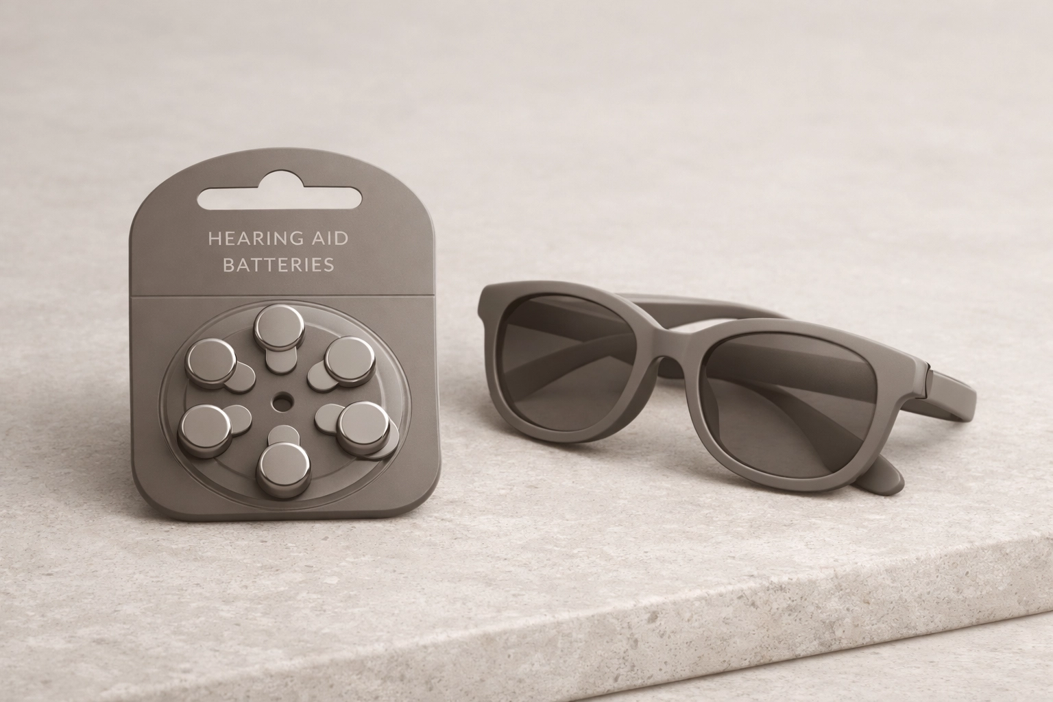 Disposable hearing aid batteries shown with sunglasses, ideal for travel and reliable daily power.