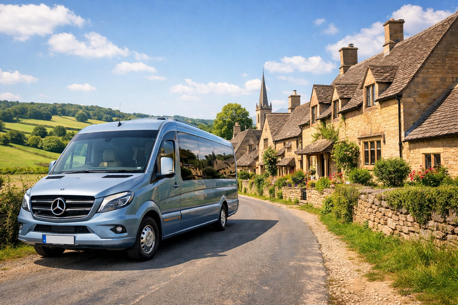 Shakespeare Coaches silver blue tour minibus on a narrow country lane in the untouched village of Stanton.