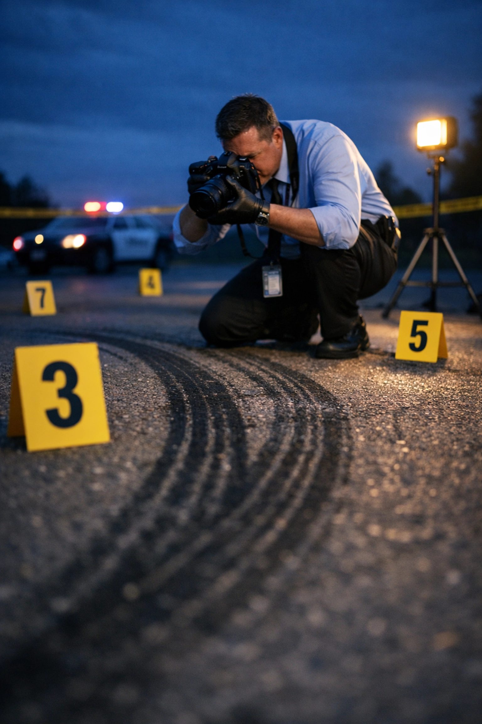 Crime scene investigation with evidence markers documenting physical evidence