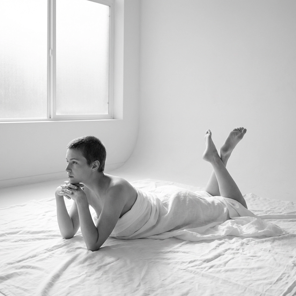 Fine art nude photography showing a model in a prone prop pose on minimalist white linen.