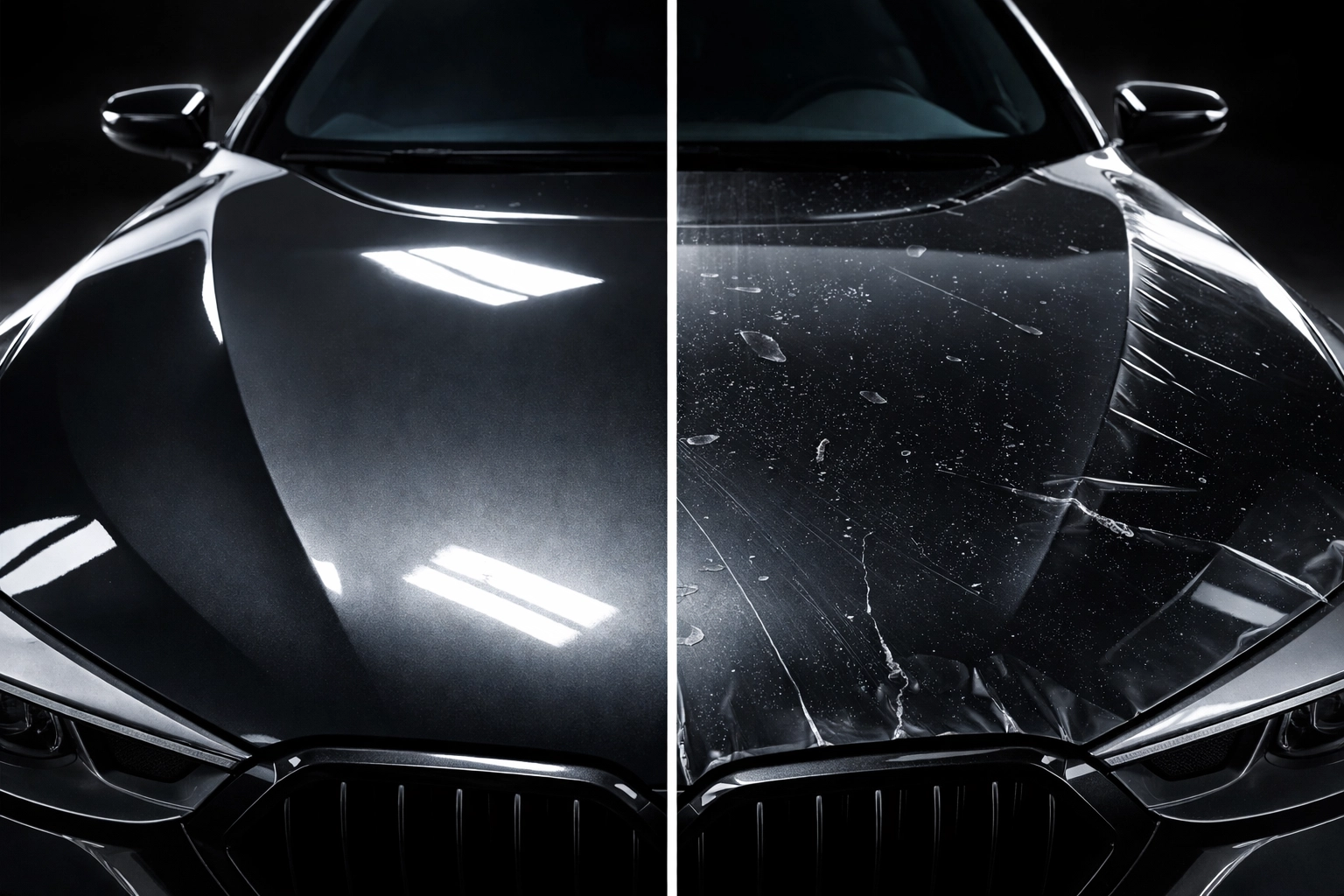 Side-by-side comparison of professional PPF installation versus failed DIY with bubbles on car hoods