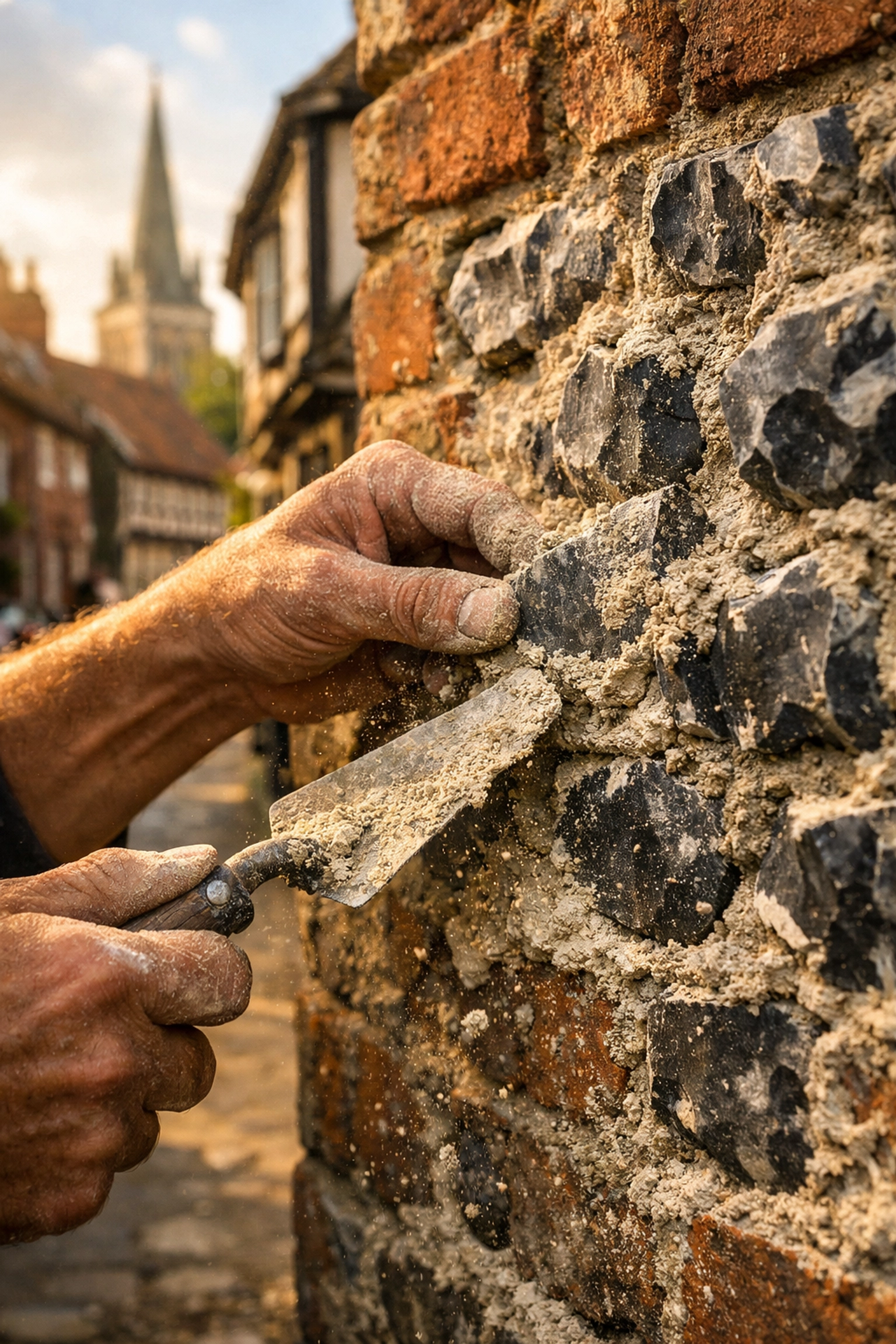Expert heritage builder using lime mortar for knapped flint repairs in Arundel.