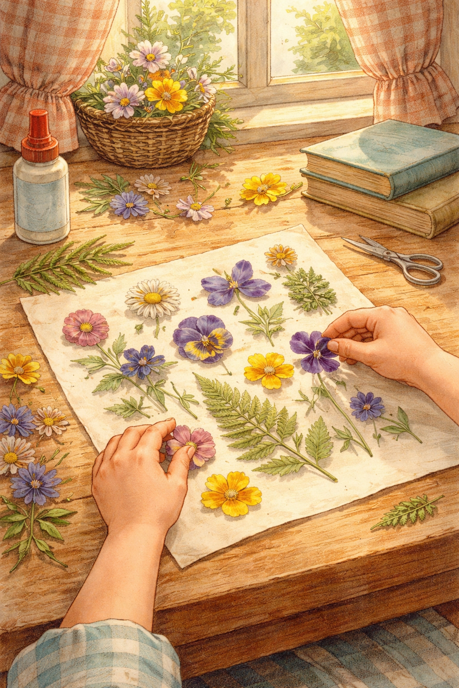 Child arranging colorful pressed flowers on parchment paper at a kitchen table for a creative family craft