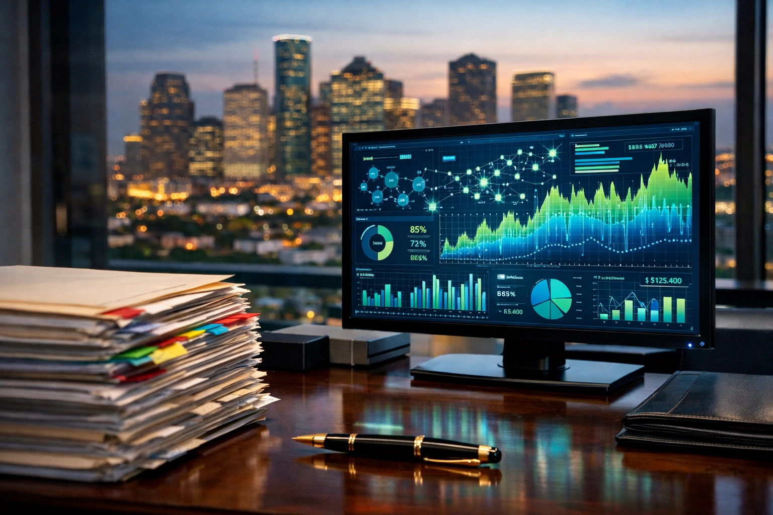 Houston lawyer desk with computer data and medical files for insurance settlement negotiation.