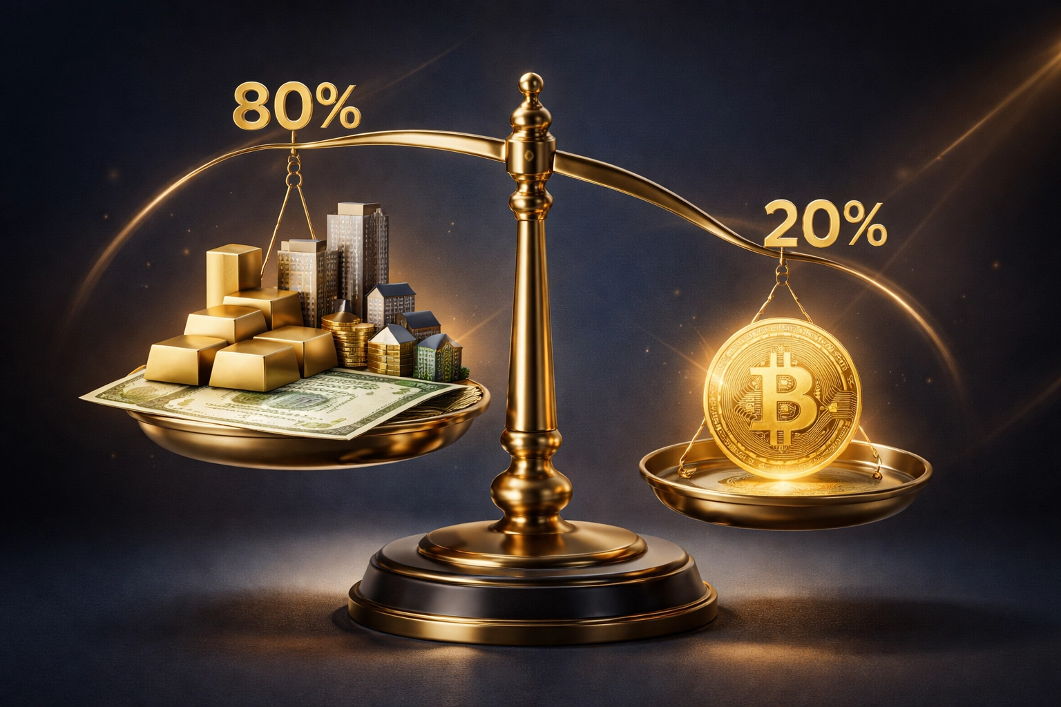 Balanced scale with Bitcoin and traditional assets symbolizing 80/20 portfolio diversification strategy