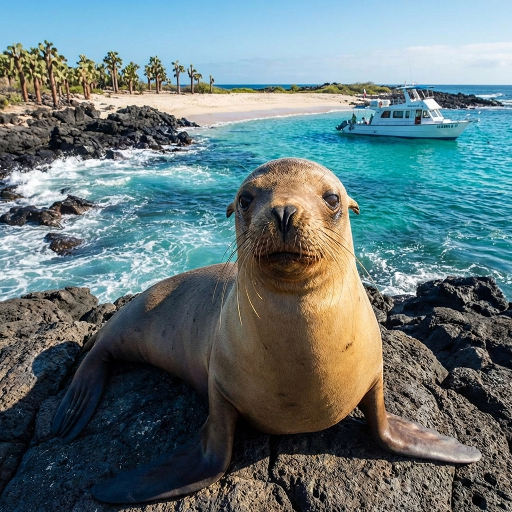 Galápagos sea lion on volcanic rocks by turquoise ocean, showcasing unique wildlife and adventure travel in Ecuador's islands.