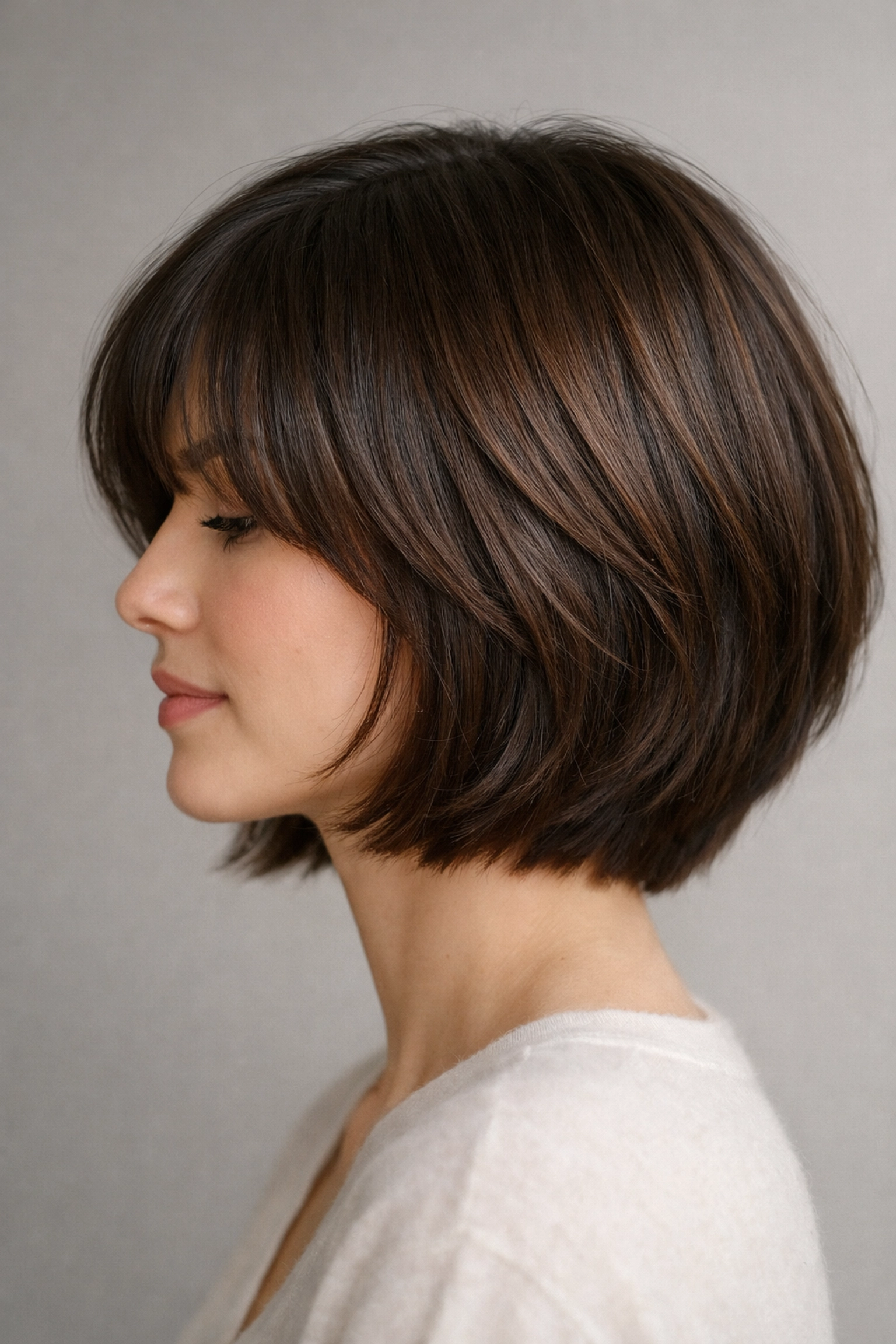 Modern soft bob haircut with chestnut highlights and curtain bangs for a fresh hair transformation.