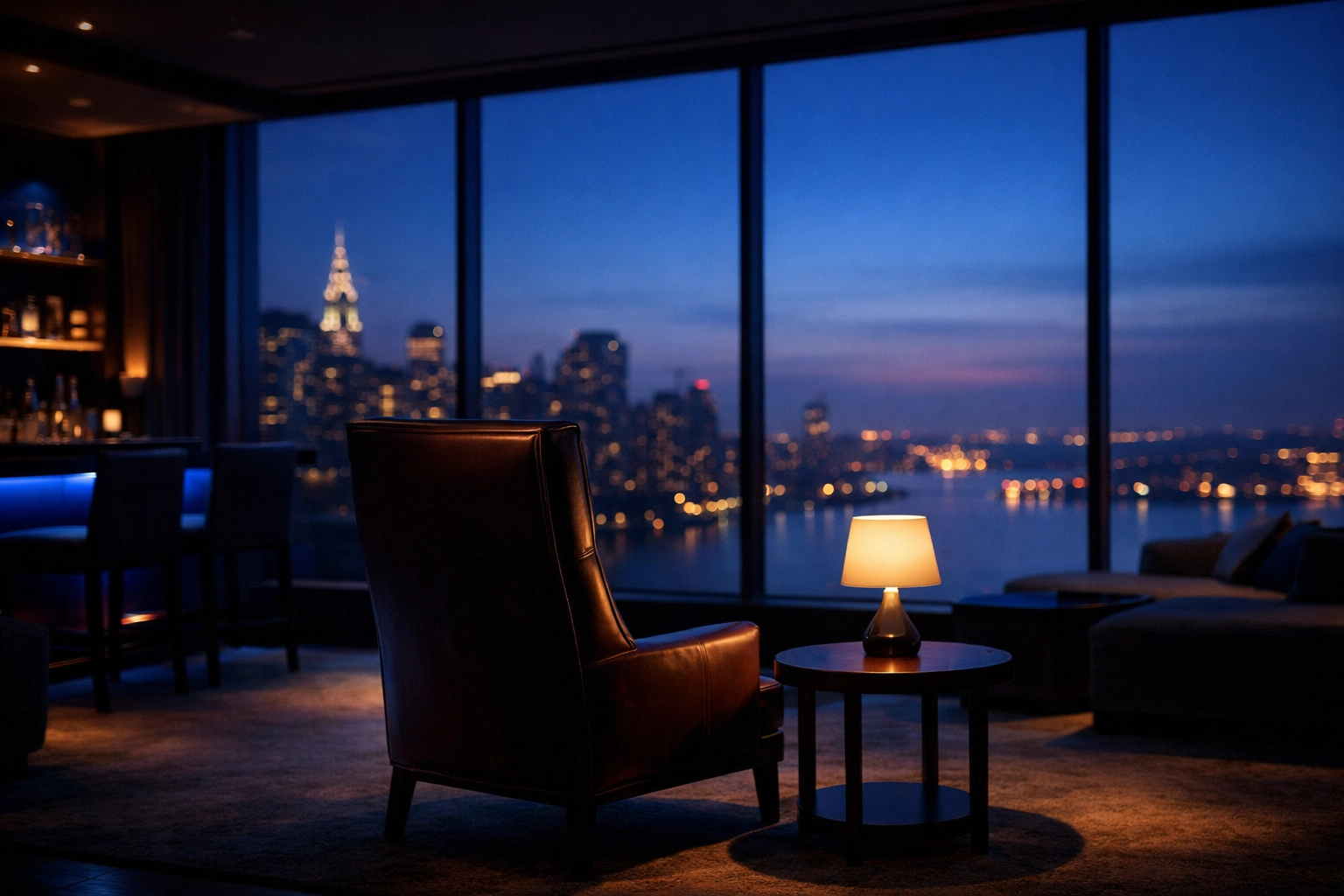 An executive lounge overlooking a city skyline, symbolizing a successful Alabama business sale and exit strategy.