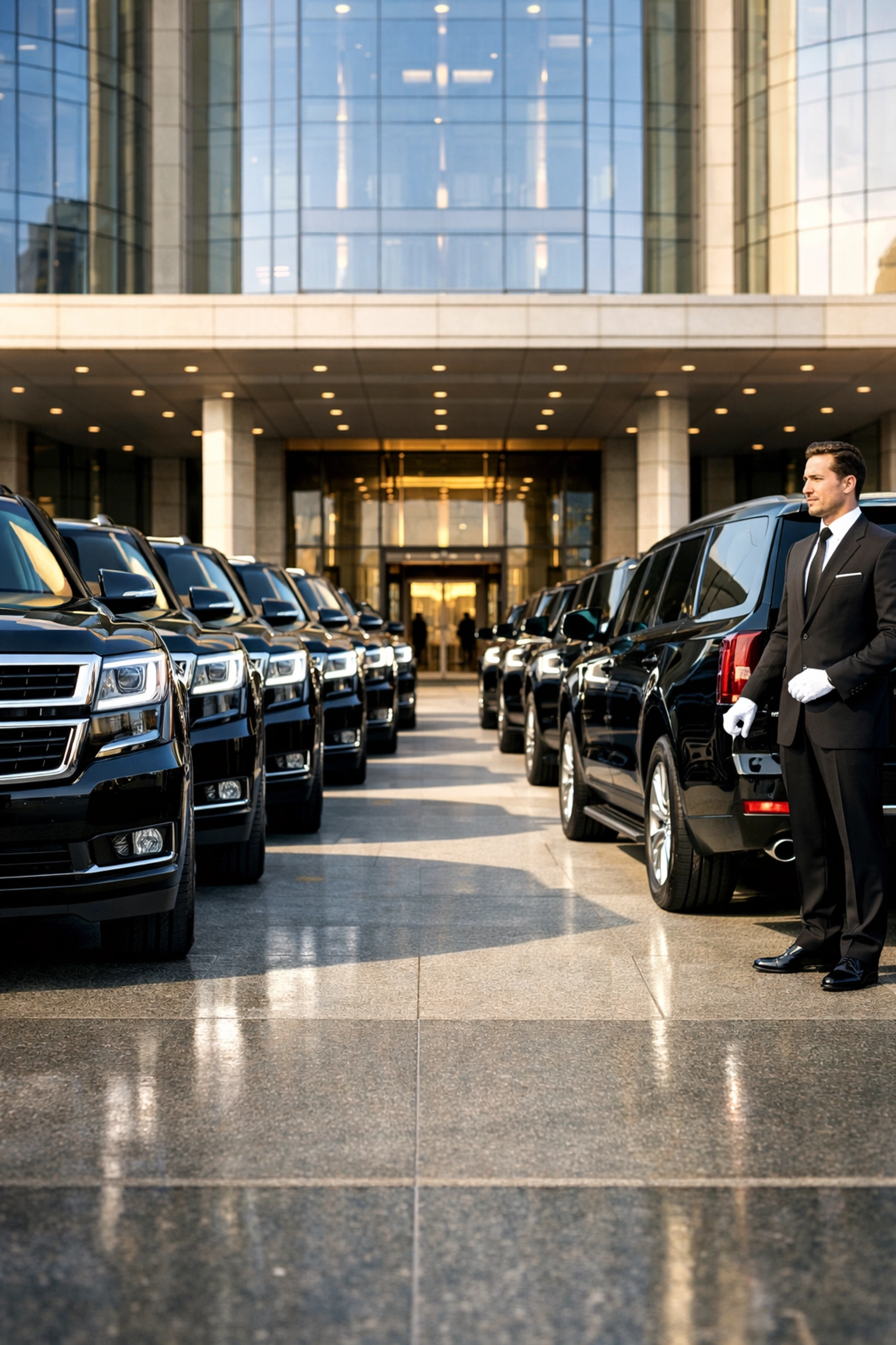 A fleet of black luxury SUVs and chauffeurs providing elite corporate transportation for Super Bowl guests.