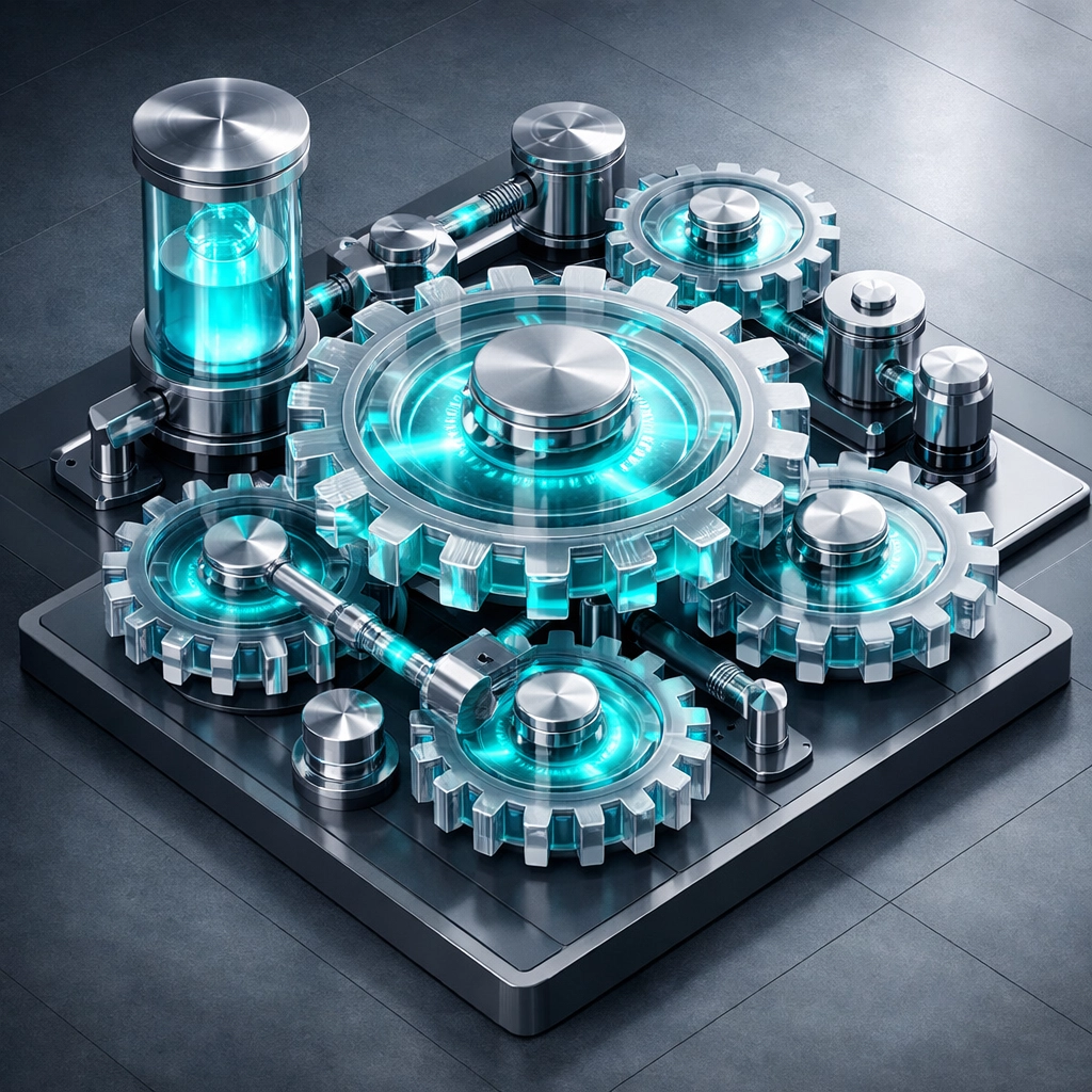 A glowing growth engine of interlocking gears symbolizing successful business scaling strategies and systems.