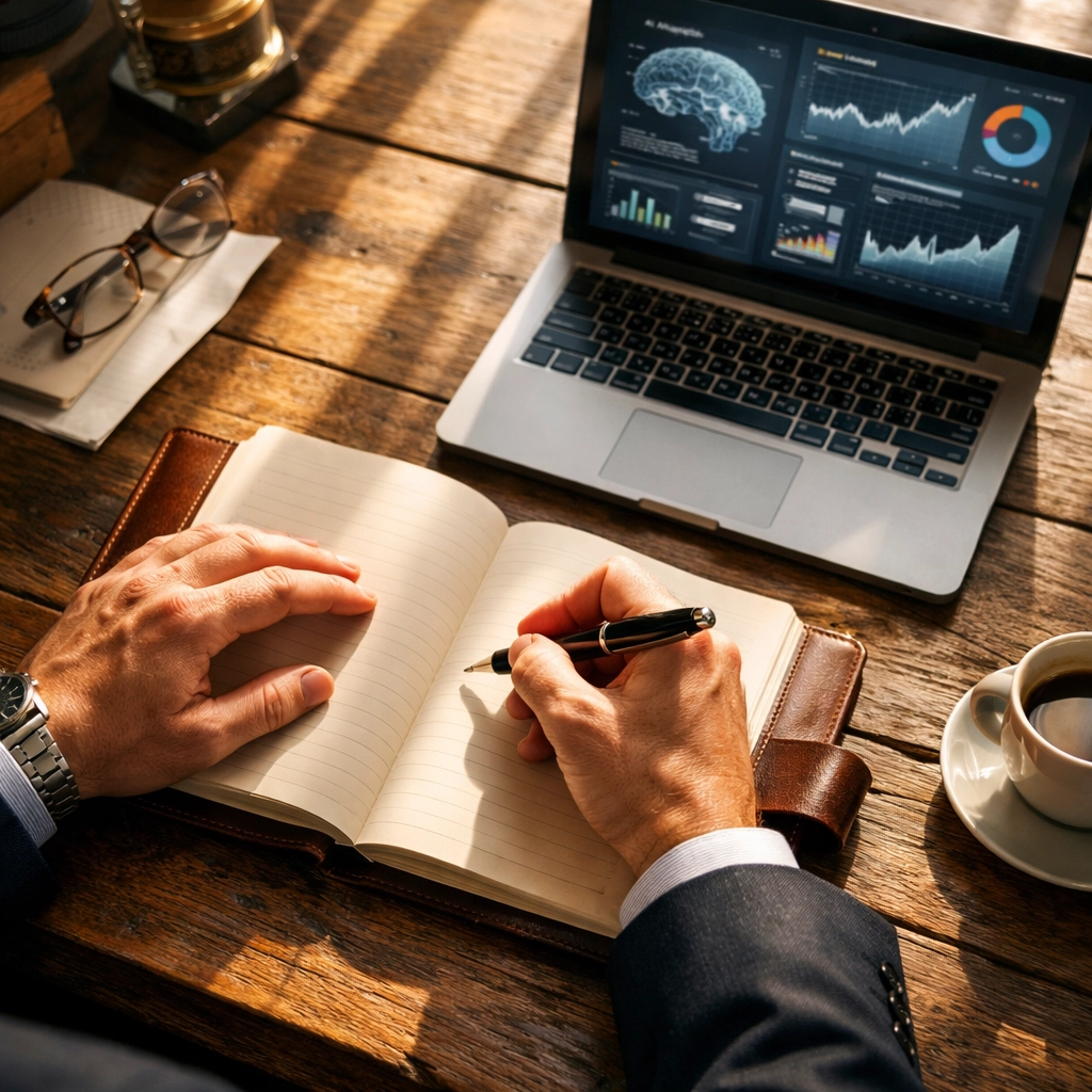 Leader journaling while using AI tools balancing wisdom with technology