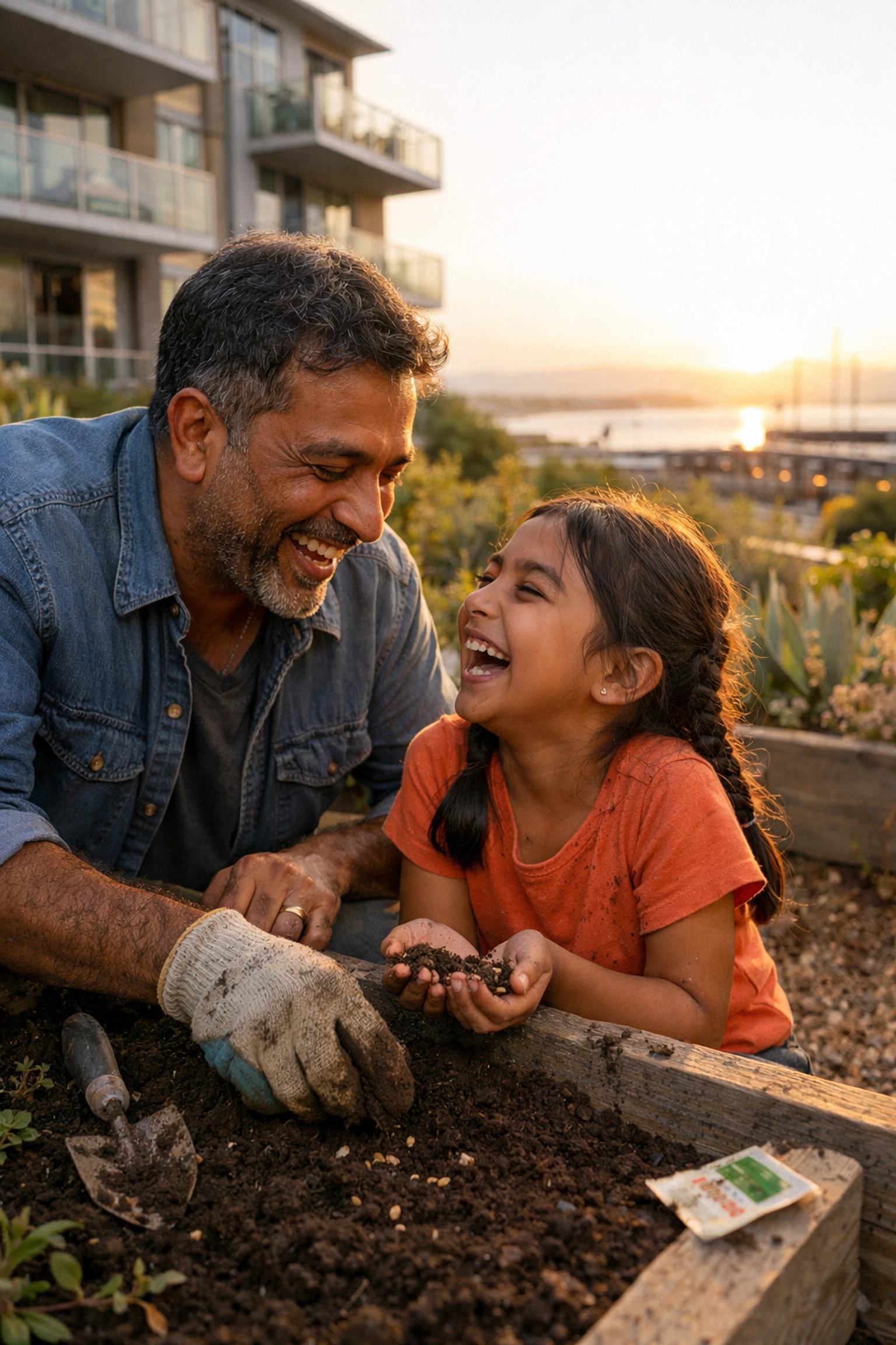 Families enjoying a community garden at the Oak Hill workforce housing project in Marin County.