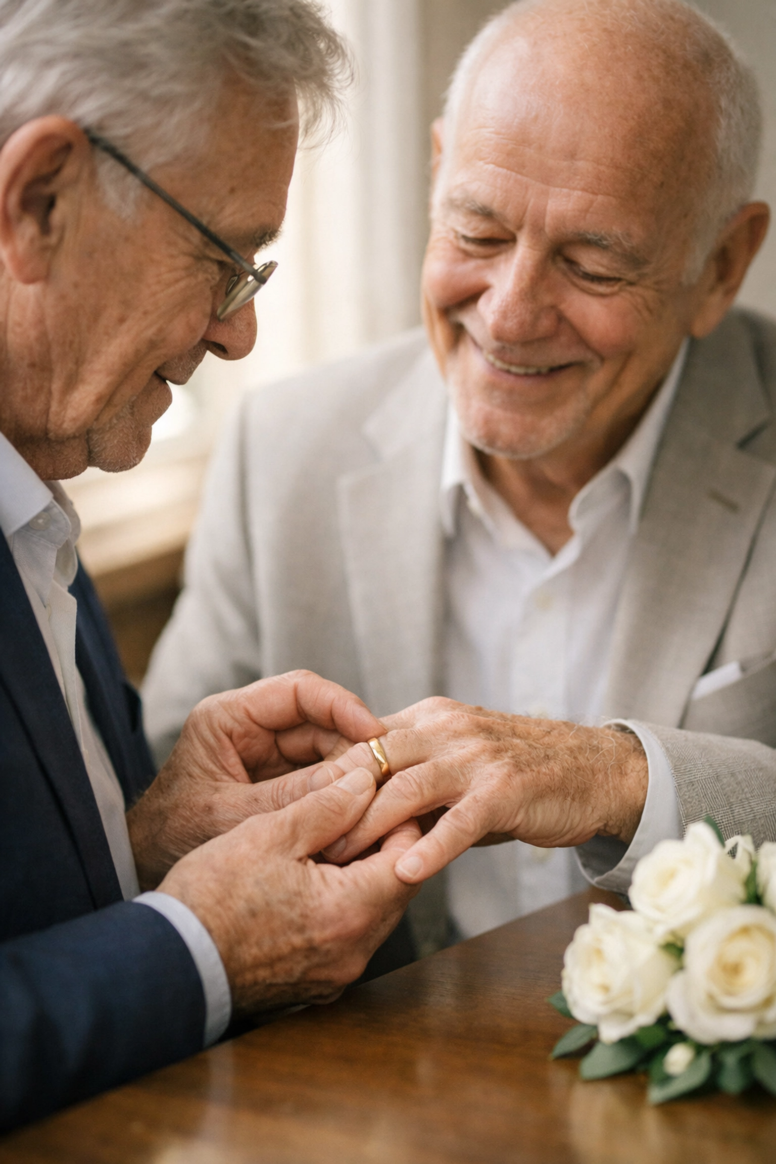 Elderly gay couple exchanging wedding rings at German registry office ceremony
