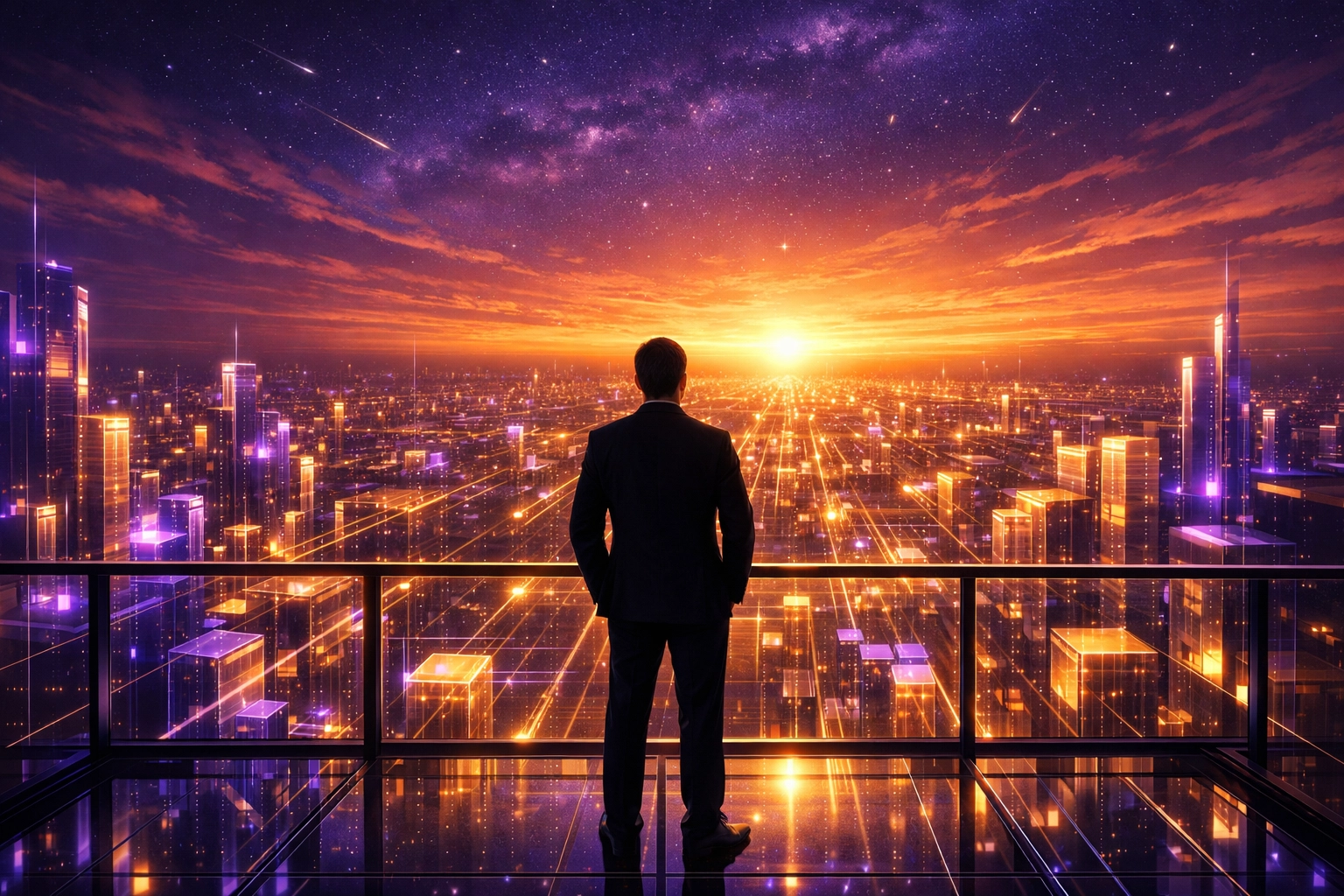 A business leader overlooking a digital city of data, symbolizing legacy building and future-proofing.