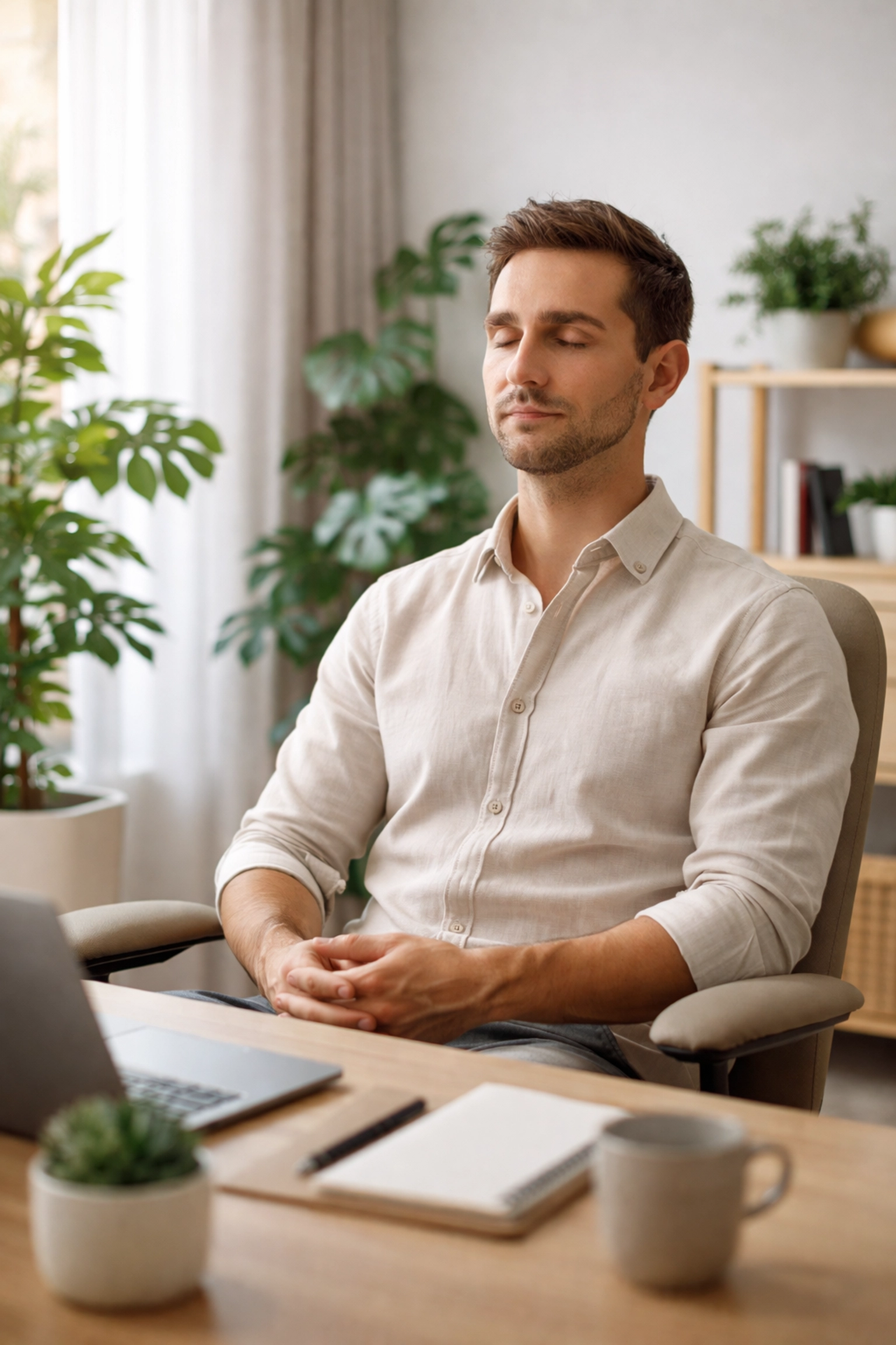 Founder practicing mindfulness in a bright office, exemplifying stress management for entrepreneurs