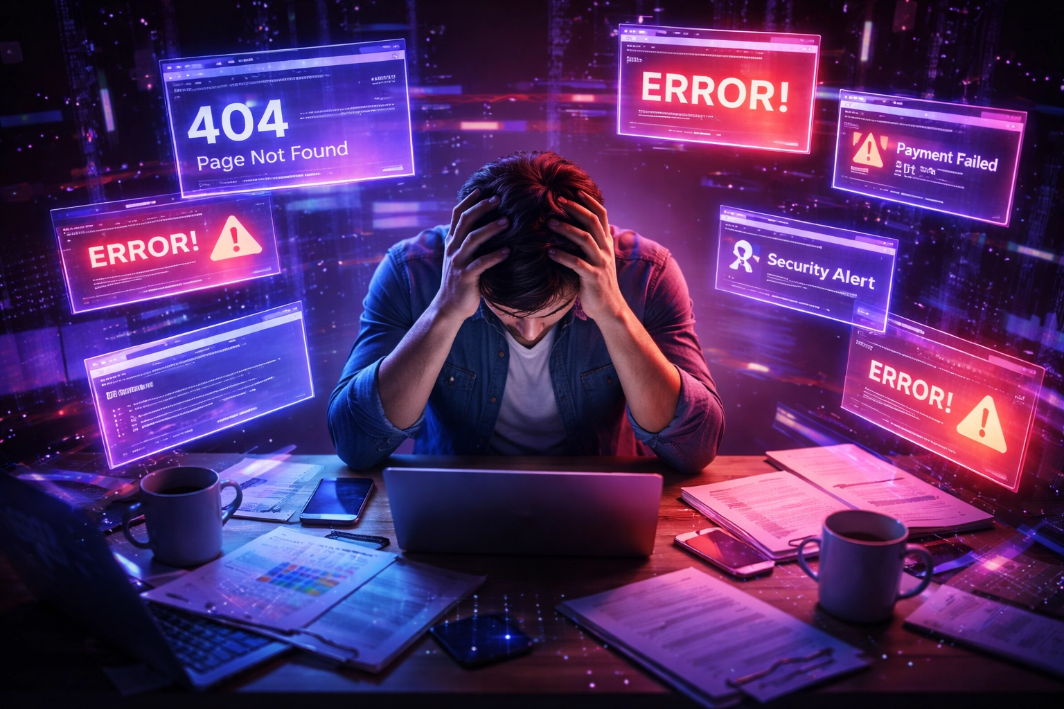 Overwhelmed small business owner surrounded by complicated website issues and error messages, reflecting DIY website stress.