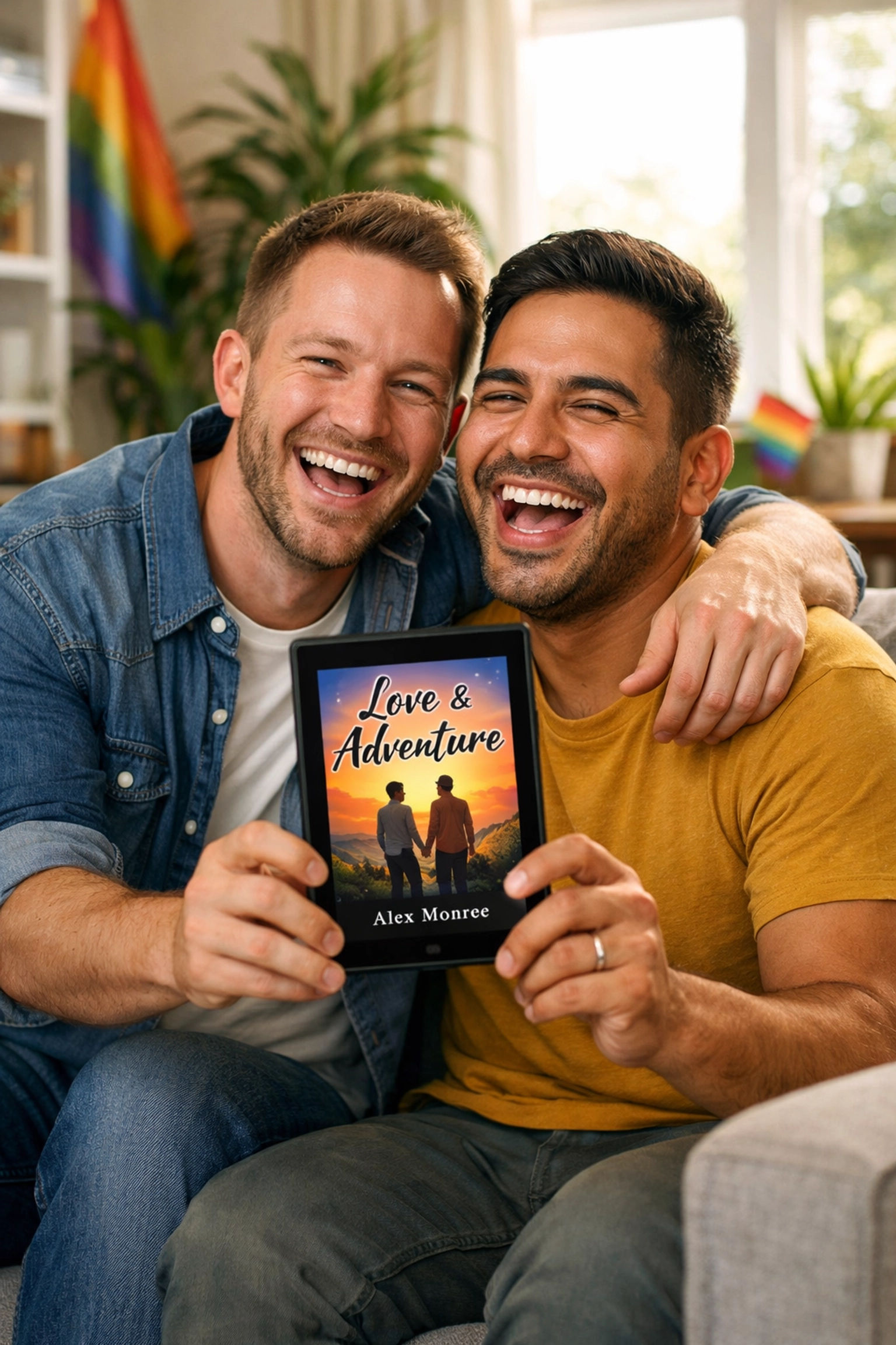Gay couple celebrating MM romance book discovery together on their e-reader at home